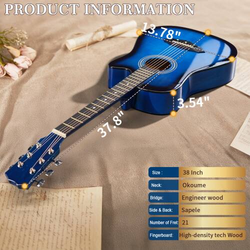 PRODUCT INFORMATION

Size: 38 Inch  
Neck: Okoume  
Bridge: Engineer wood  
Side & Back: Sapele  
Number of Fret: 21  
Fingerboard: High-density tech Wood  

13.78"  
37.8"  
3.54"