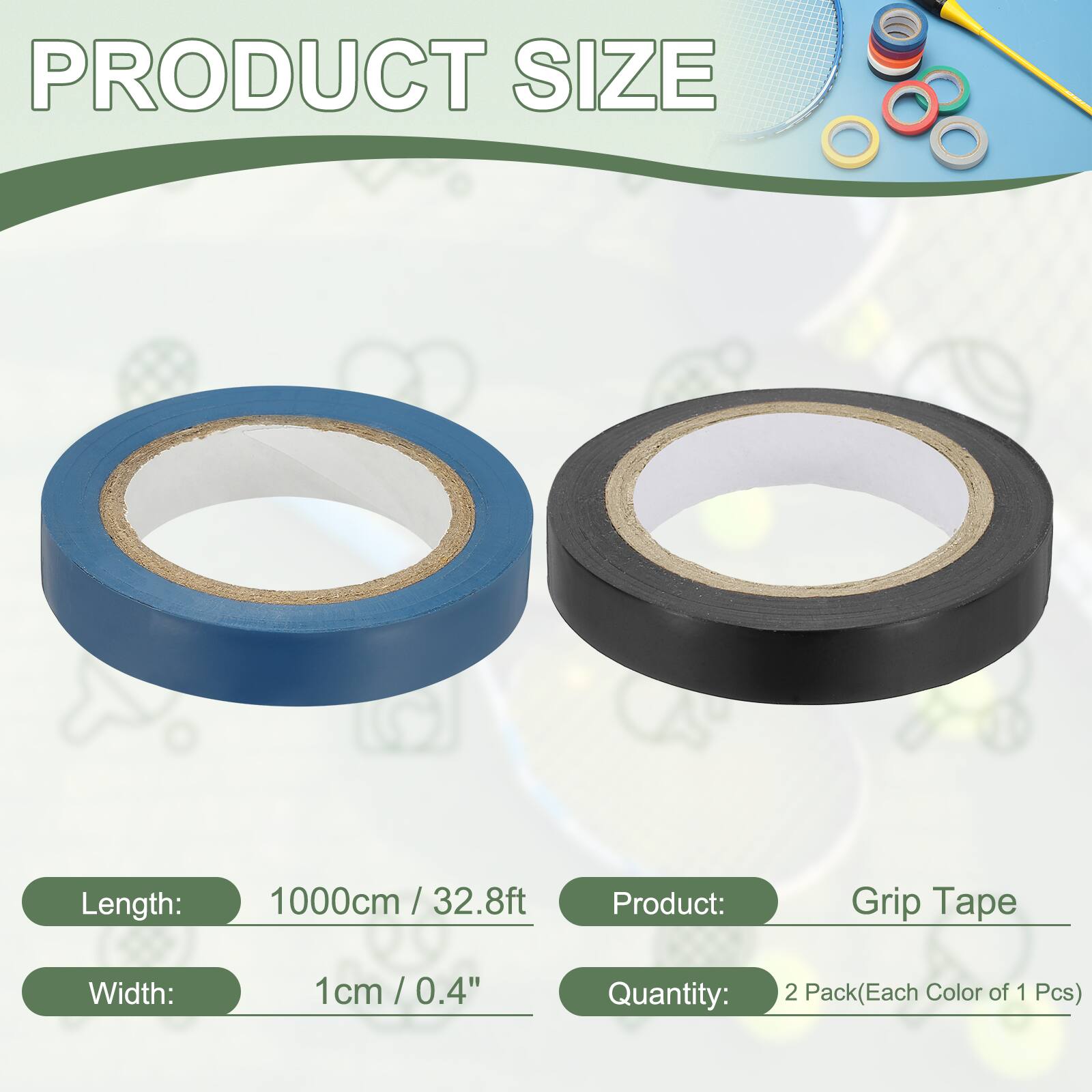 PRODUCT SIZE

Length: 1000cm / 32.8ft

Width: 1cm / 0.4"

Product: Grip Tape

Quantity: 2 Pack (Each Color of 1 Pcs)