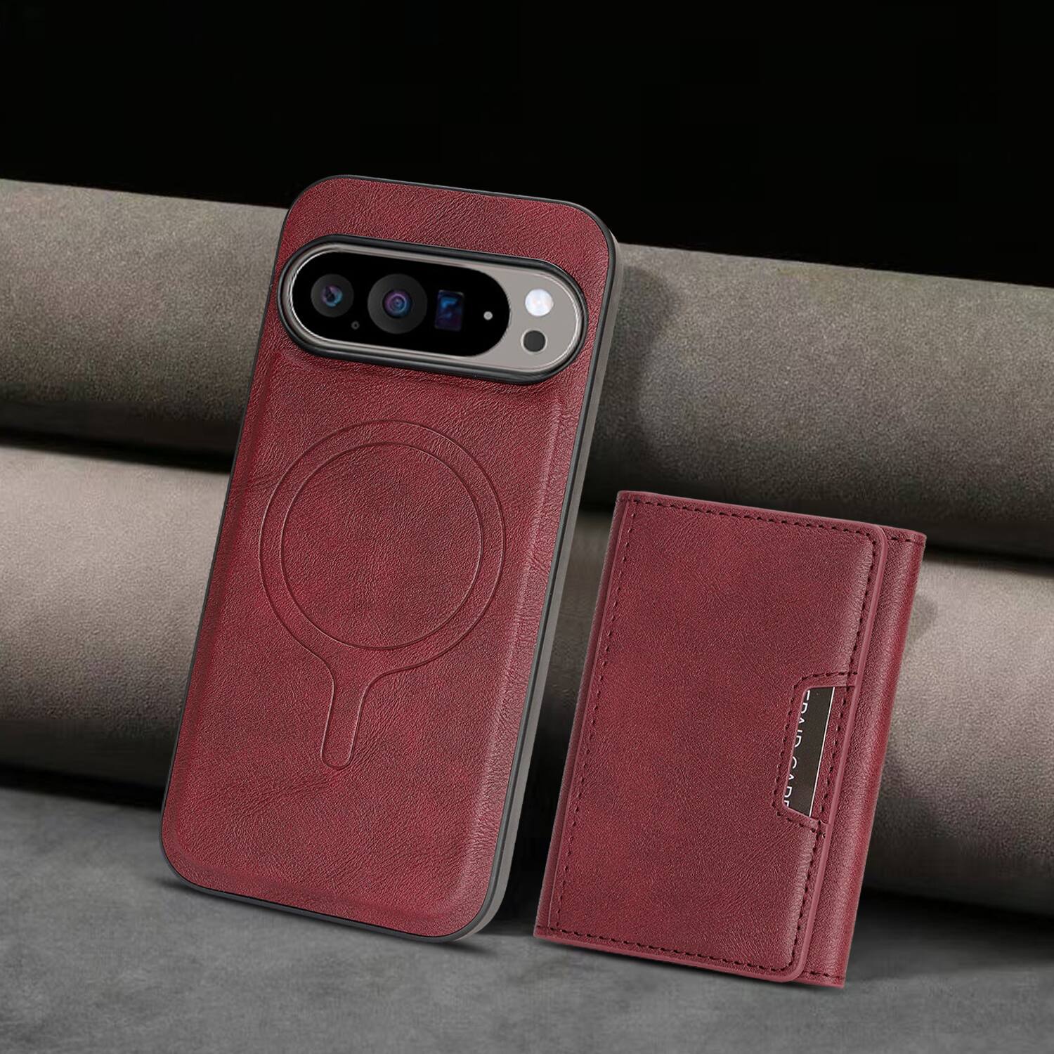 Angle. Dteck - 2-in-1 Magnetic Wallet Case for Google Pixel 10 Pro, Shockproof PU Leather Cover with Detachable 7-Card Holder - Winered.