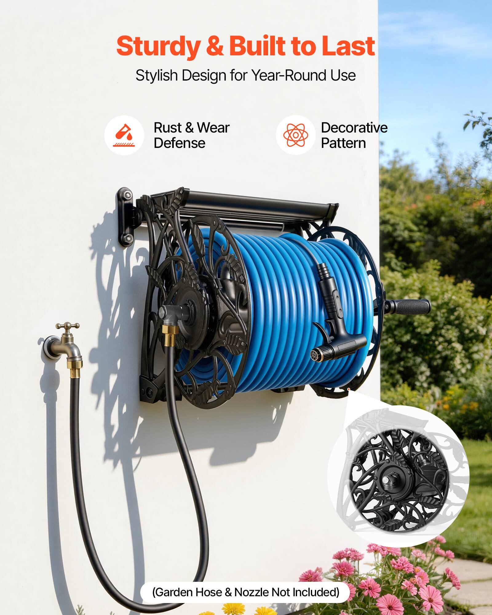 Sturdy & Built to Last  
Stylish Design for Year-Round Use  
Rust & Wear Defense  
Decorative Pattern  
(Garden Hose & Nozzle Not Included)