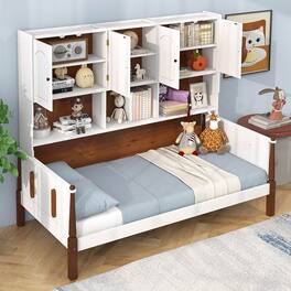 Gymax - Twin Daybed w/ Bookcase Wooden Platform Bed w/ Shelves & Cabinets White & Brown - White, Brown