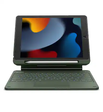 Front. Dexnor - Keyboard Case for iPad 9th/8th/7th Gen with Cantilever Magnetic Stand,Trackpad,Pencil Holder, Backlit Keyboard - Army Green.