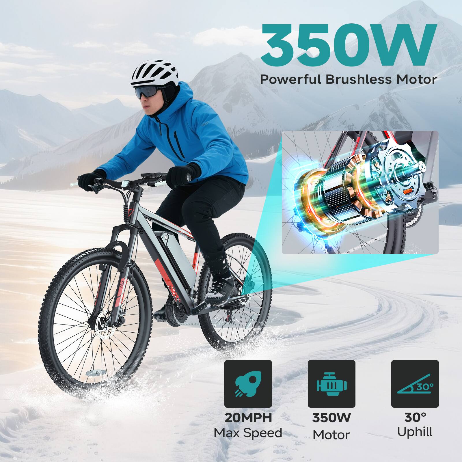 350W Powerful Brushless Motor  
20MPH Max Speed  
350W Motor  
30° Uphill
