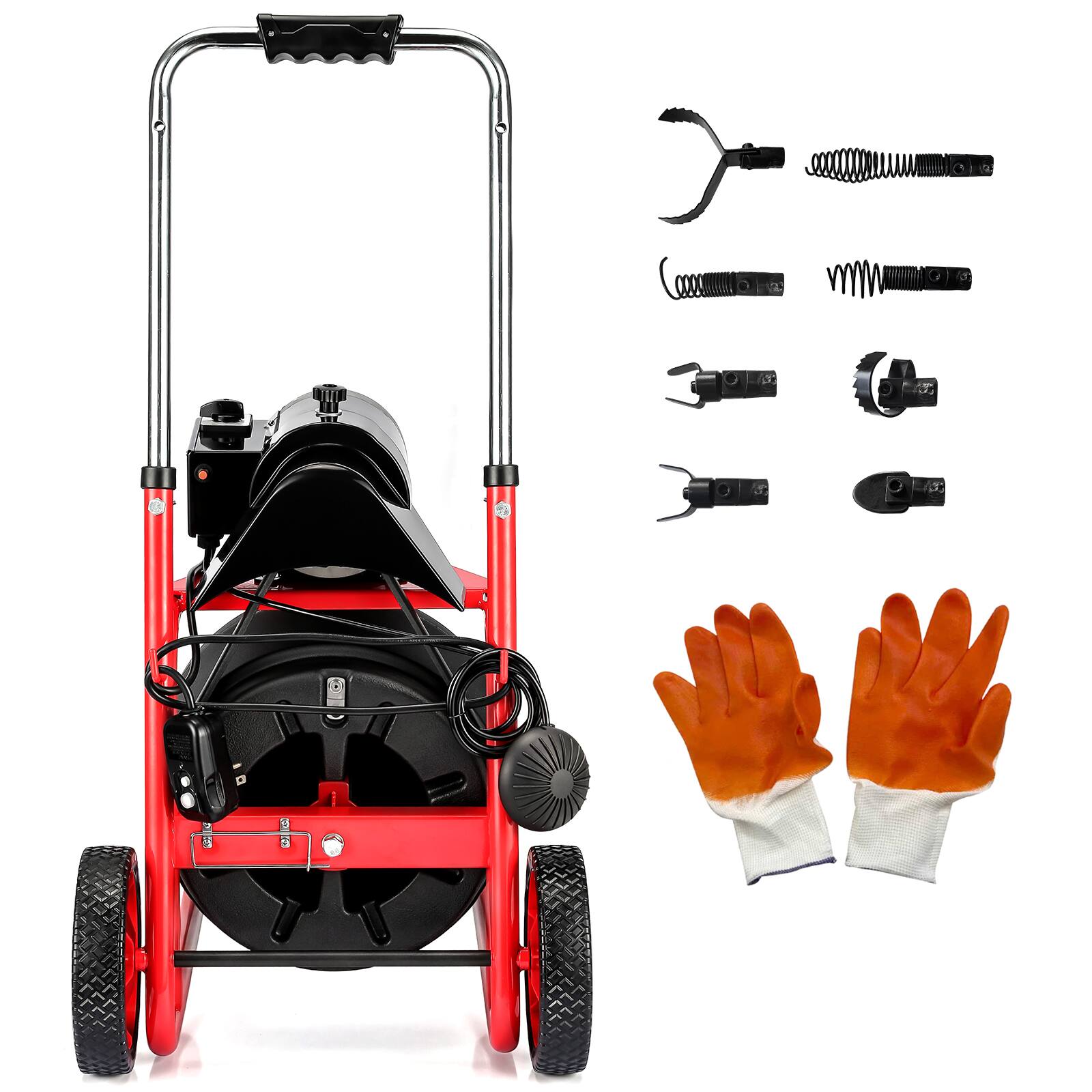 Alt View 6. Winado - 100 FT x 3/8 Inch Drain Cleaner Machine Auger Cleaning Auto Feed with Wheels, 8 Cutters, Gloves, Foot Switch for Drains - Red & Black.