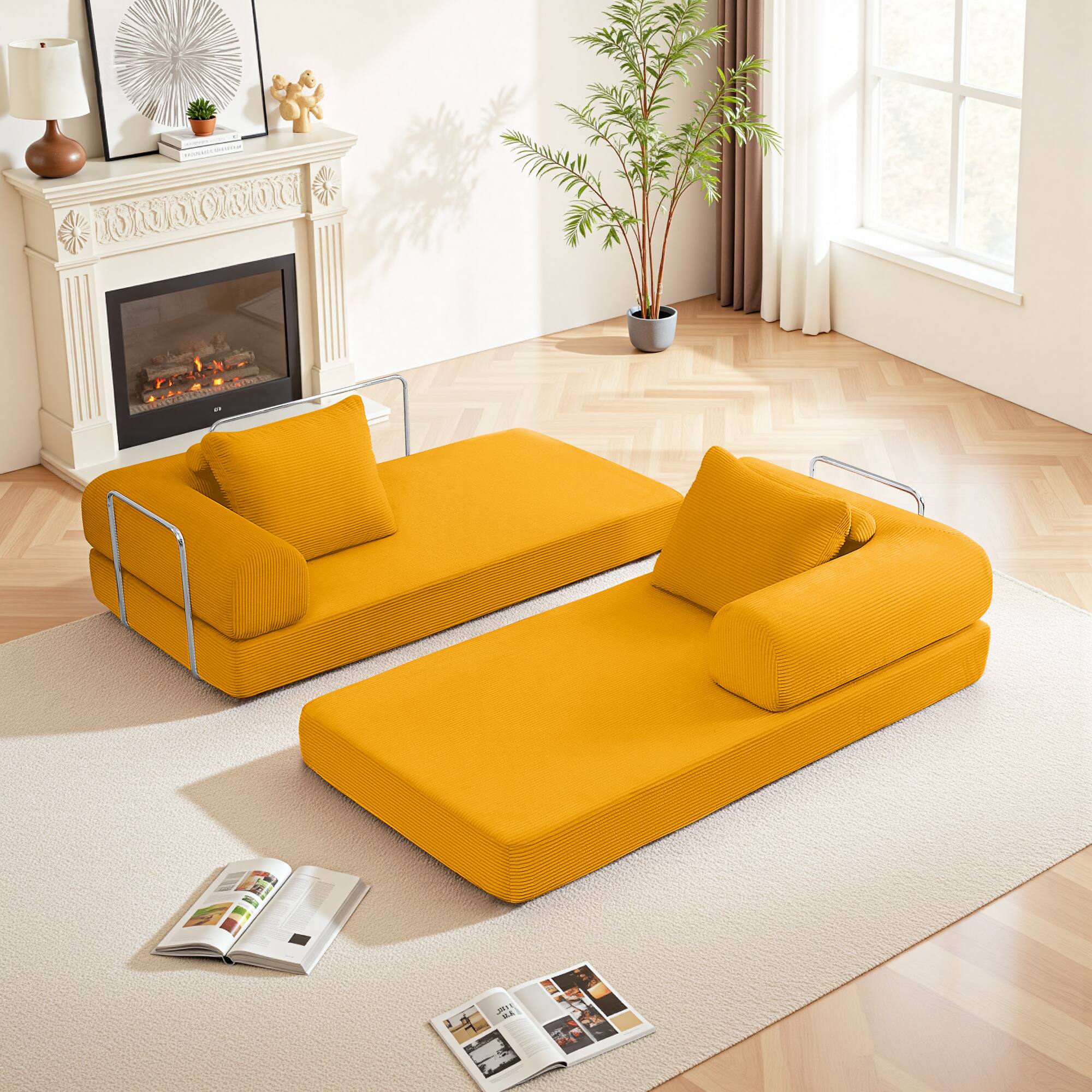 Alt View 8. KERDOM - 63'' W Convertible Floor Sofa Bed, Corduroy Modular Floor Couch with Pillow Back, Folding Couch Sleeper for Living Room - Ginger Yellow.