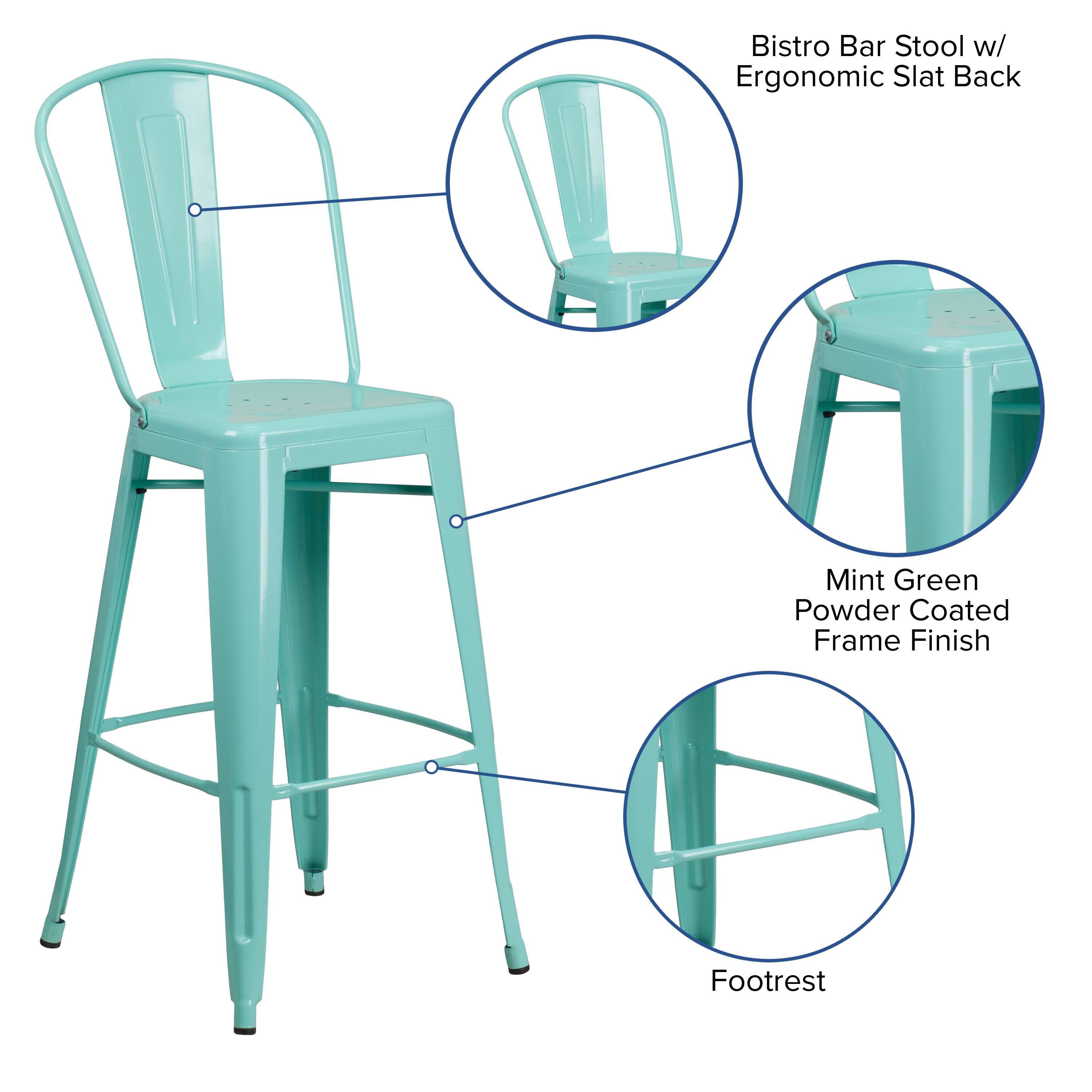Bistro Bar Stool w/ Ergonomic Slat Back  
Mint Green Powder Coated Frame Finish  
Footrest
