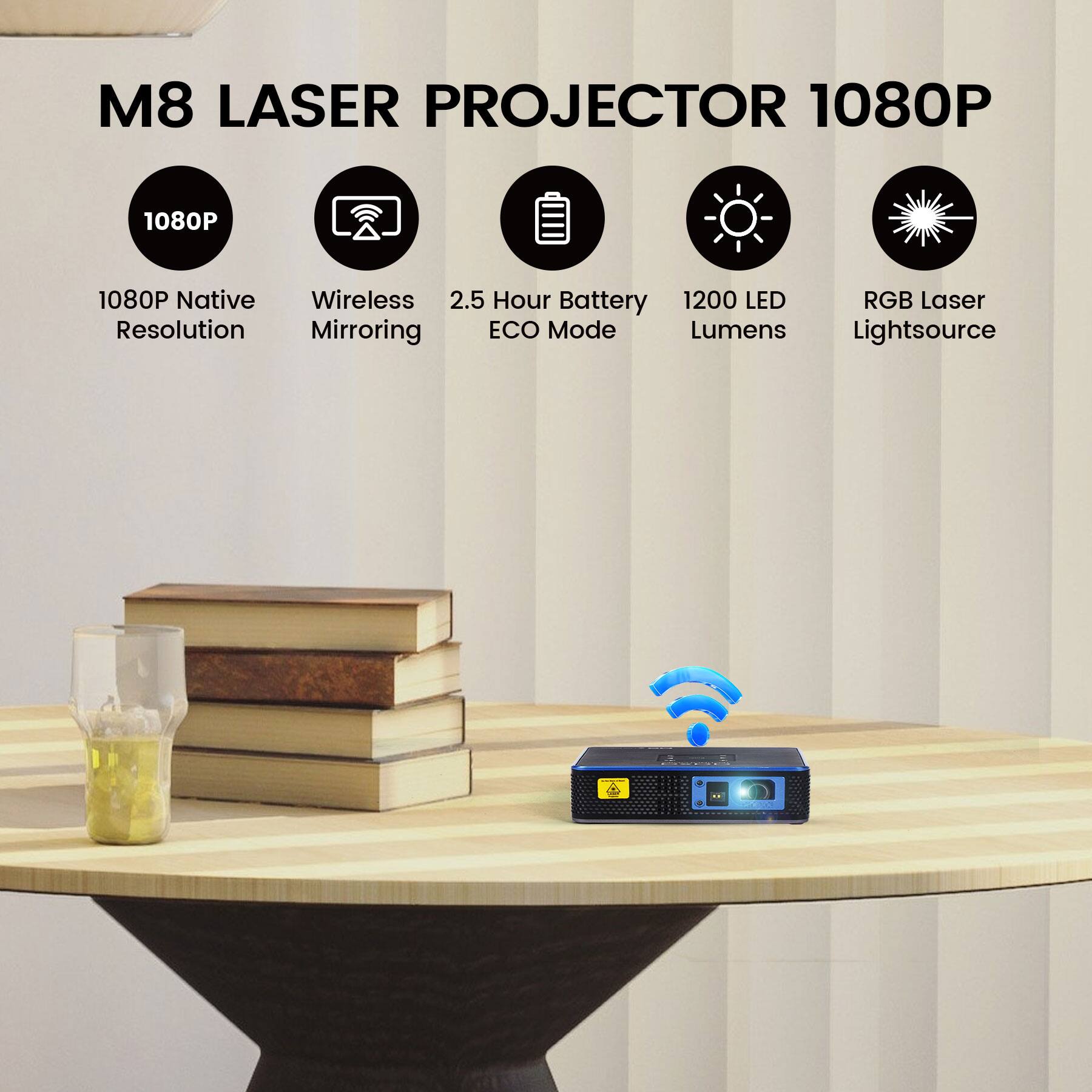 M8 Laser Projector 1080P 1080P 1080P Native Wireless 2.5 Hour Battery 1200 LED RGB Laser Resolution Mirroring ECO Mode Lumens Lightsource
