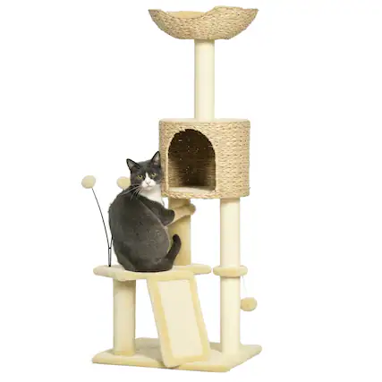 Front. Pawhut - 45" Cat Tree for Indoor Cats, Tower with Scratching Posts, Ramp, Condo, Toy Balls, Platforms, Bed - Beige.