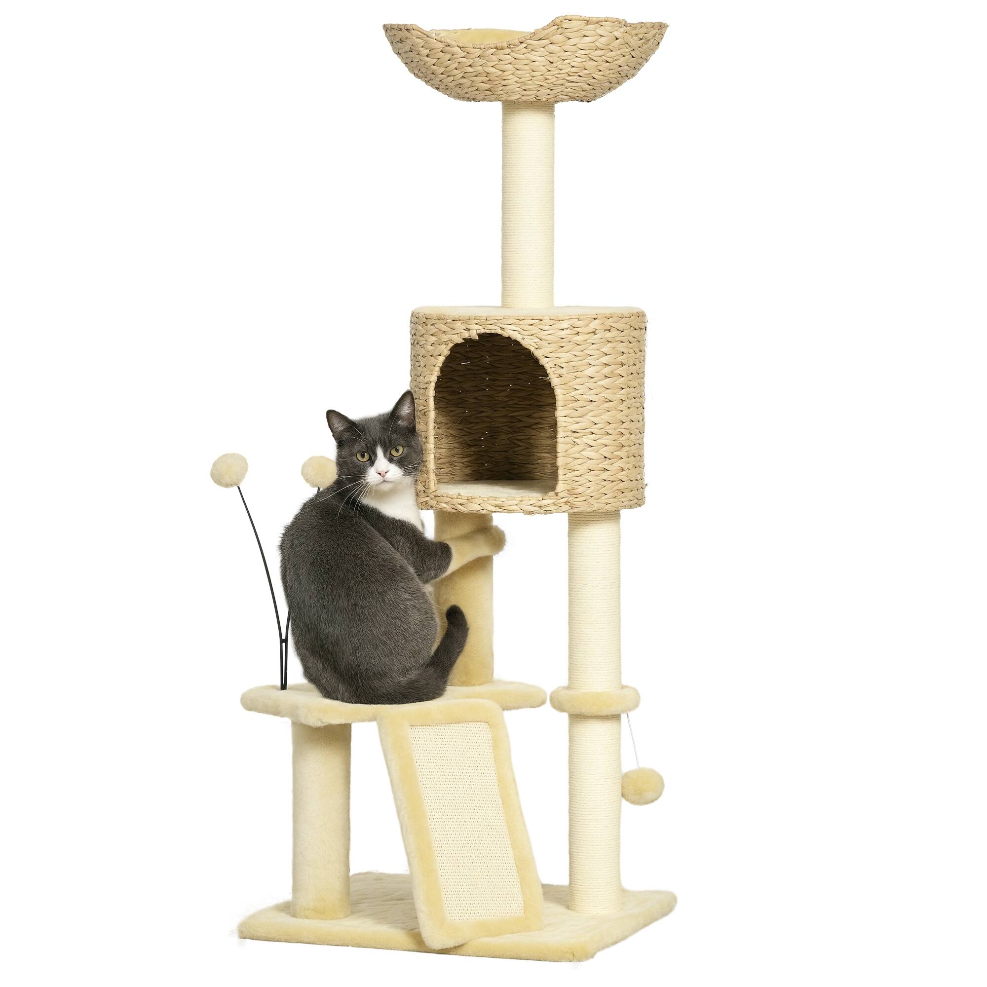 Front. Pawhut - 45" Cat Tree for Indoor Cats, Tower with Scratching Posts, Ramp, Condo, Toy Balls, Platforms, Bed - Beige.