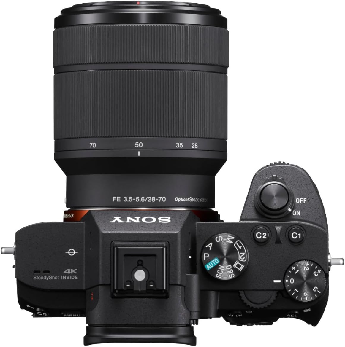 70  
50  
35  
28  
FE 3.5-5.6/28-70 Optical SteadyShot  
OFF  
NZERSOR 4K SteadyShot INSIDE  
SONY  
S M A 1 P 2 AUTO S S  
C2  
ON C1 + X 2 1 +3 0 2 -3  
C3  
MENU  
... AF-ON  
AEL