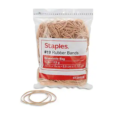 Staples
#19 Rubber Bands
Resealable Bag
1/4 lb • 113 g
3/4 in x 1/10 in • 8.9 cm x 0.16 cm
ST28624