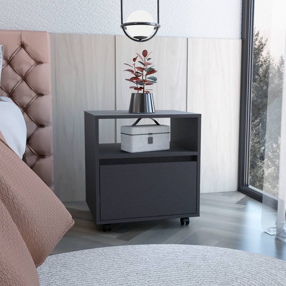 Front. Tiramisubest - Modern Nightstand with Drawer and Casters, Black, Space-Saving Design - White.