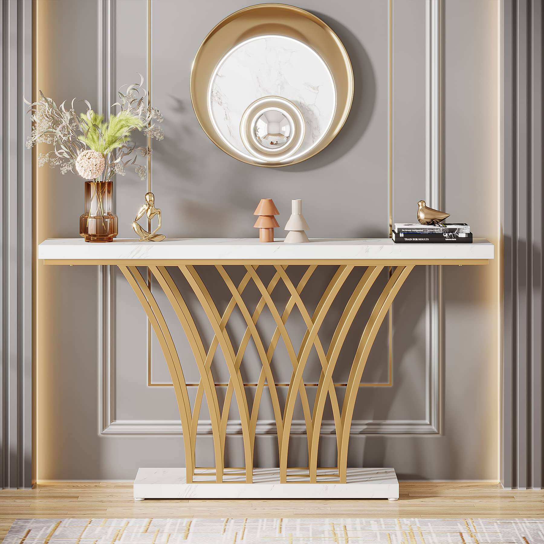 Back. Tribesigns - 59 inch Gold Console Table, Modern Entryway Table with Grid-Shaped Metal Base for Entrance, Hallway, Entryway, Living Ro - White Faux Marble.