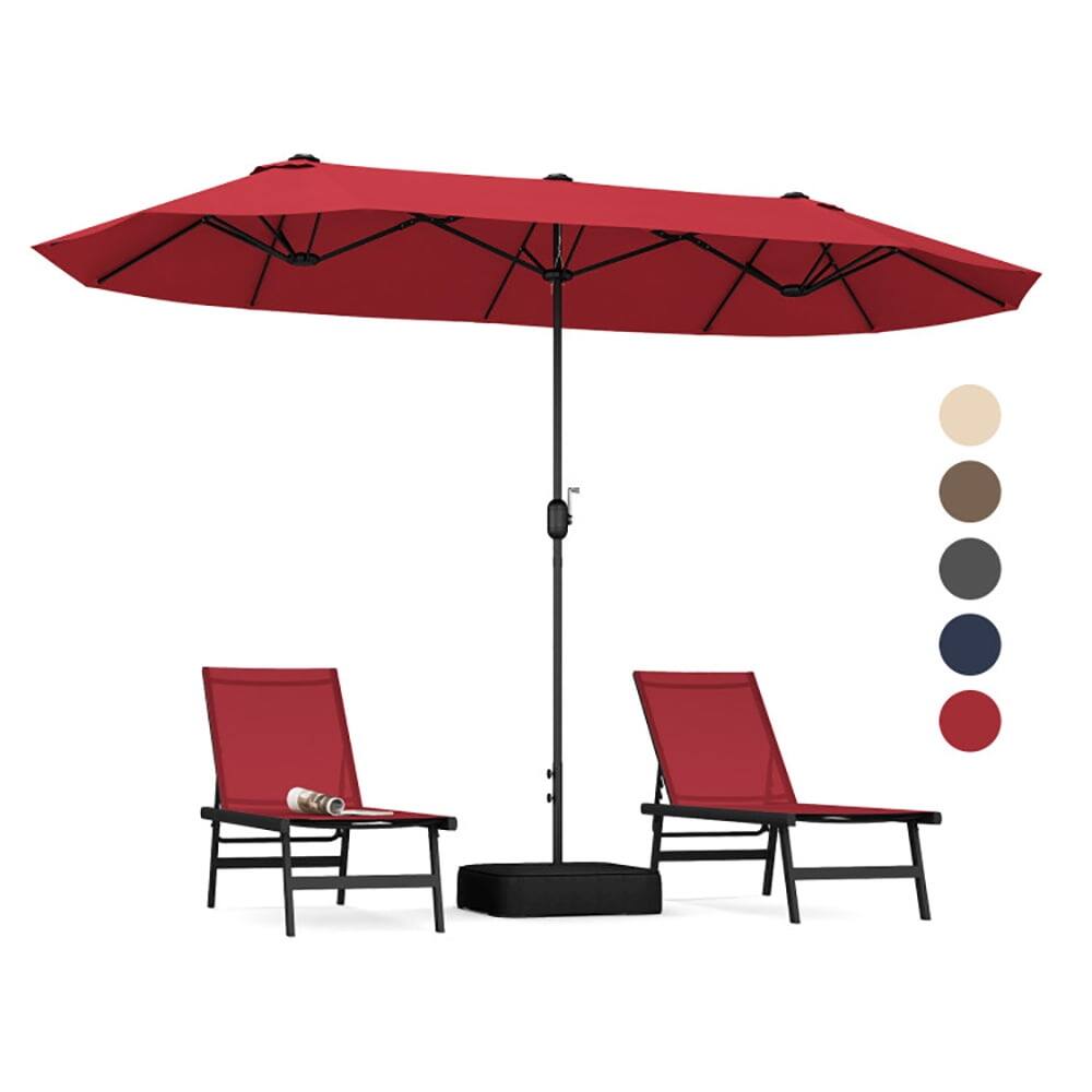 Left. Pefilos - 13 Feet Double-Sided Patio Twin Table Umbrella with Crank Handle-Wine, Patio Offset Umbrella with Easy Tilt Adjustment - Red.