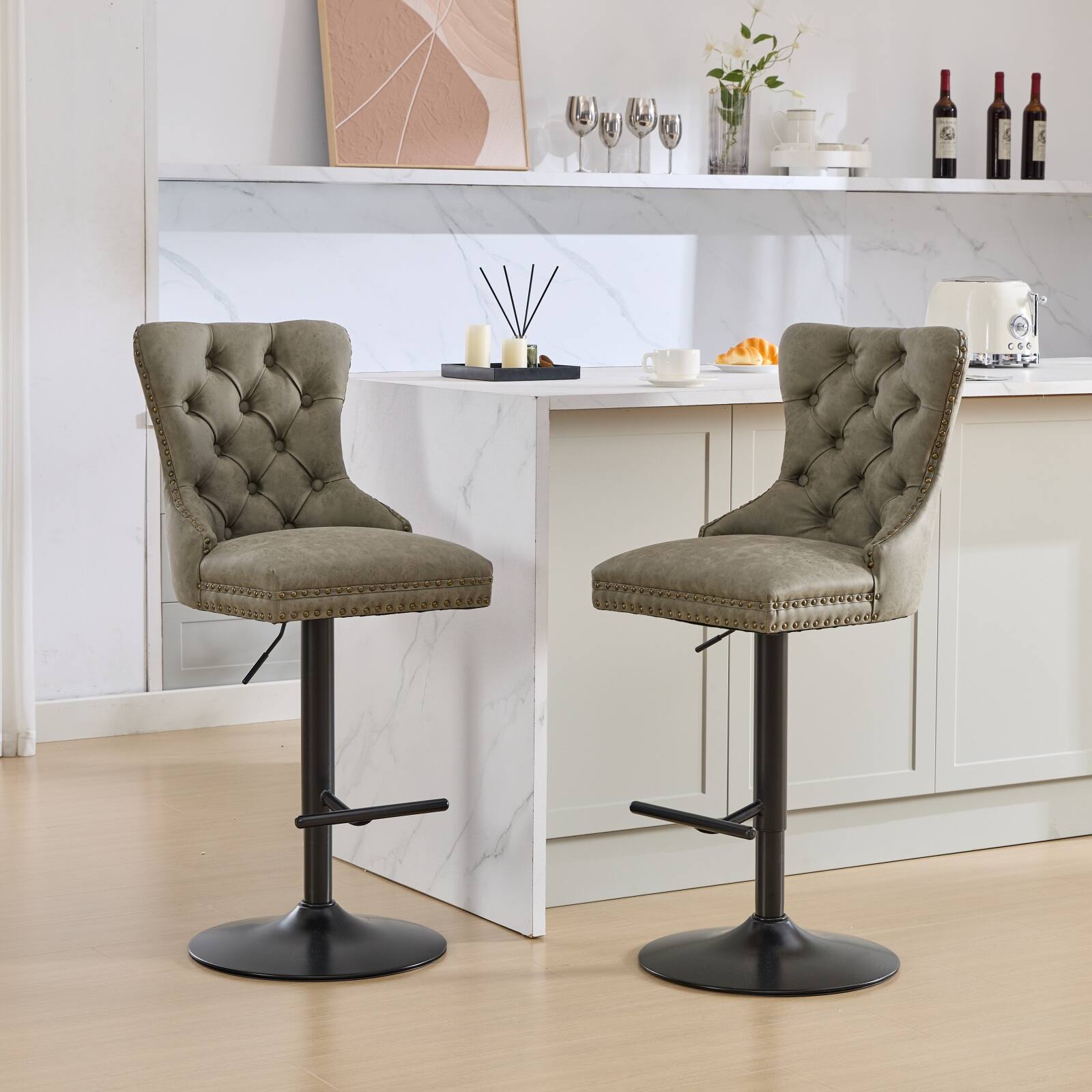 Front. APRILSOUL - A&A Furniture Aged Retro PU Swivel Barstools Adjustable Height 26-33 Inch Olive Green Set of 2 - Green.