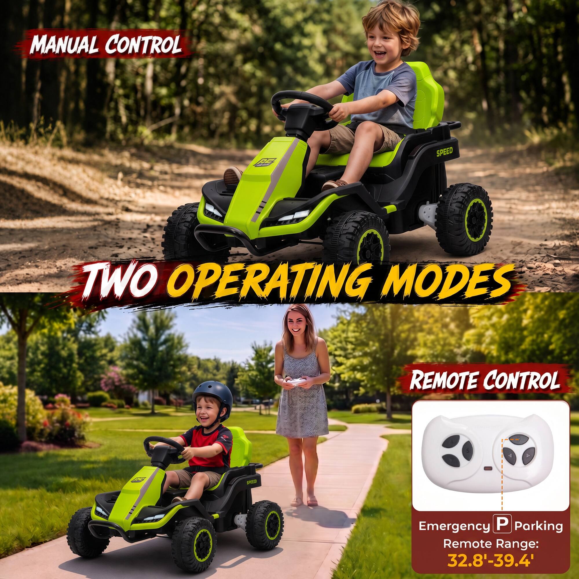 MANUAL CONTROL  
SPEED  
TWO OPERATING MODES  
REMOTE CONTROL  
FS  
Emergency P Parking  
Remote Range: 32.8'-39.4'