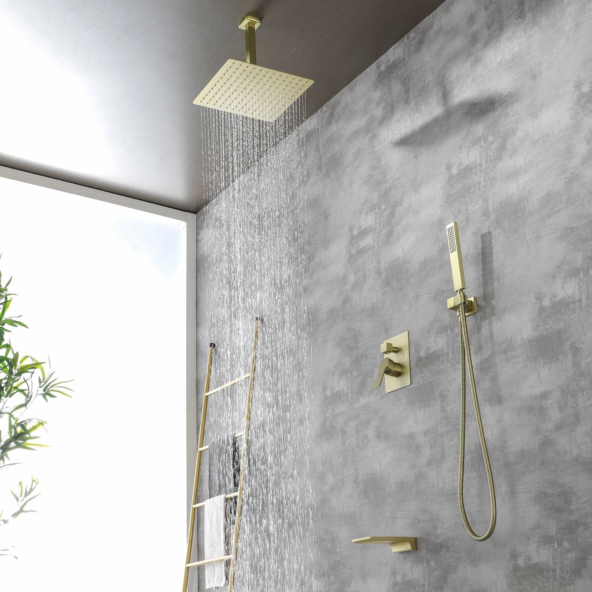 Left. Boyel Living - Ceiling Mount Single-Handle 1-Spray Tub and Shower Faucet with 12 in. Fixed shower head in Brushed Gold (Valve Included) - Brushed Gold.