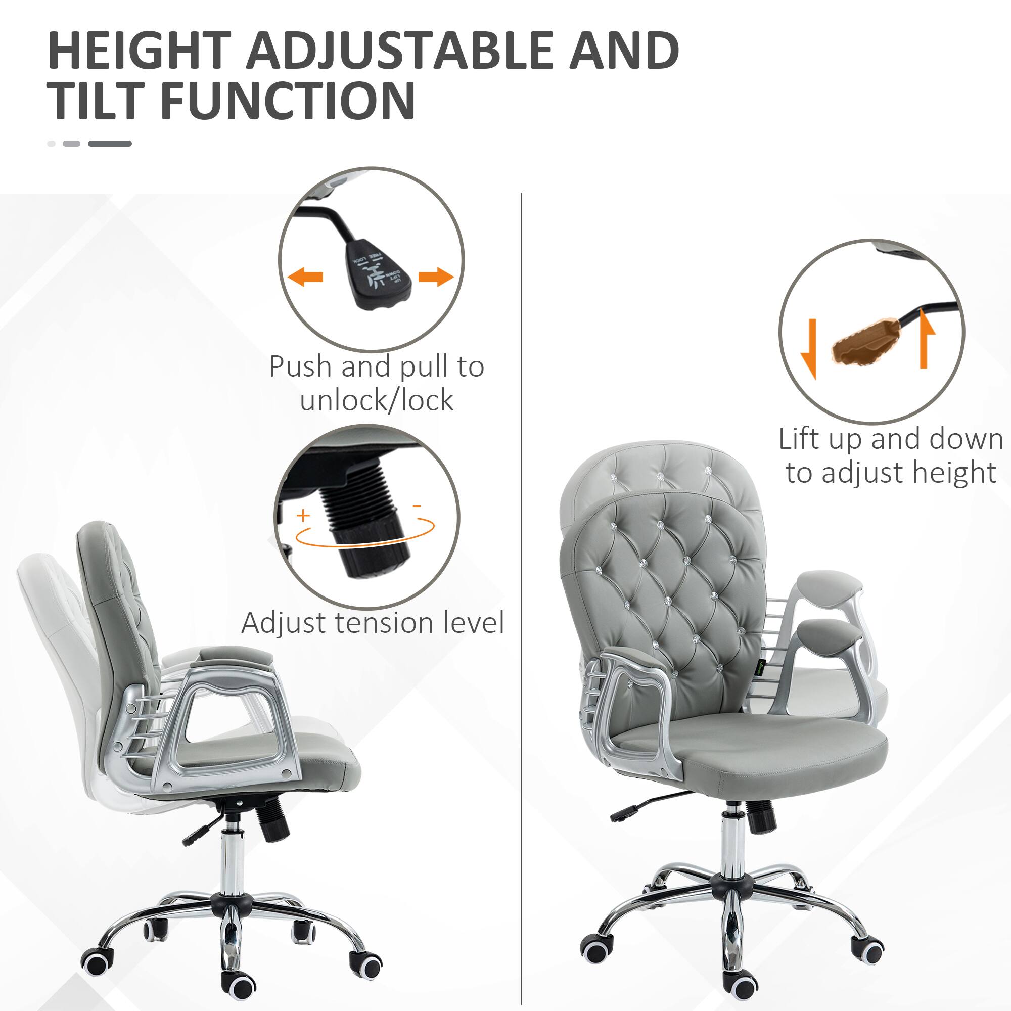 HEIGHT ADJUSTABLE AND TILT FUNCTION

- Push and pull to unlock/lock
- Lift up and down to adjust height
- Adjust tension level