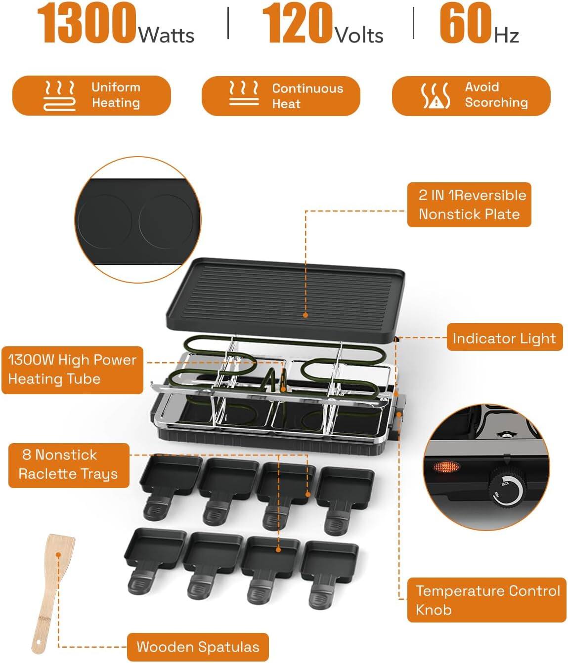 1300 Watts | 120 Volts | 60 Hz

- Uniform Heating
- Continuous Heat
- Avoid Scorching

2 IN 1 Reversible Nonstick Plate

- 1300W High Power Heating Tube
- Indicator Light
- 8 Nonstick Raclette Trays
- Temperature Control Knob
- Wooden Spatulas