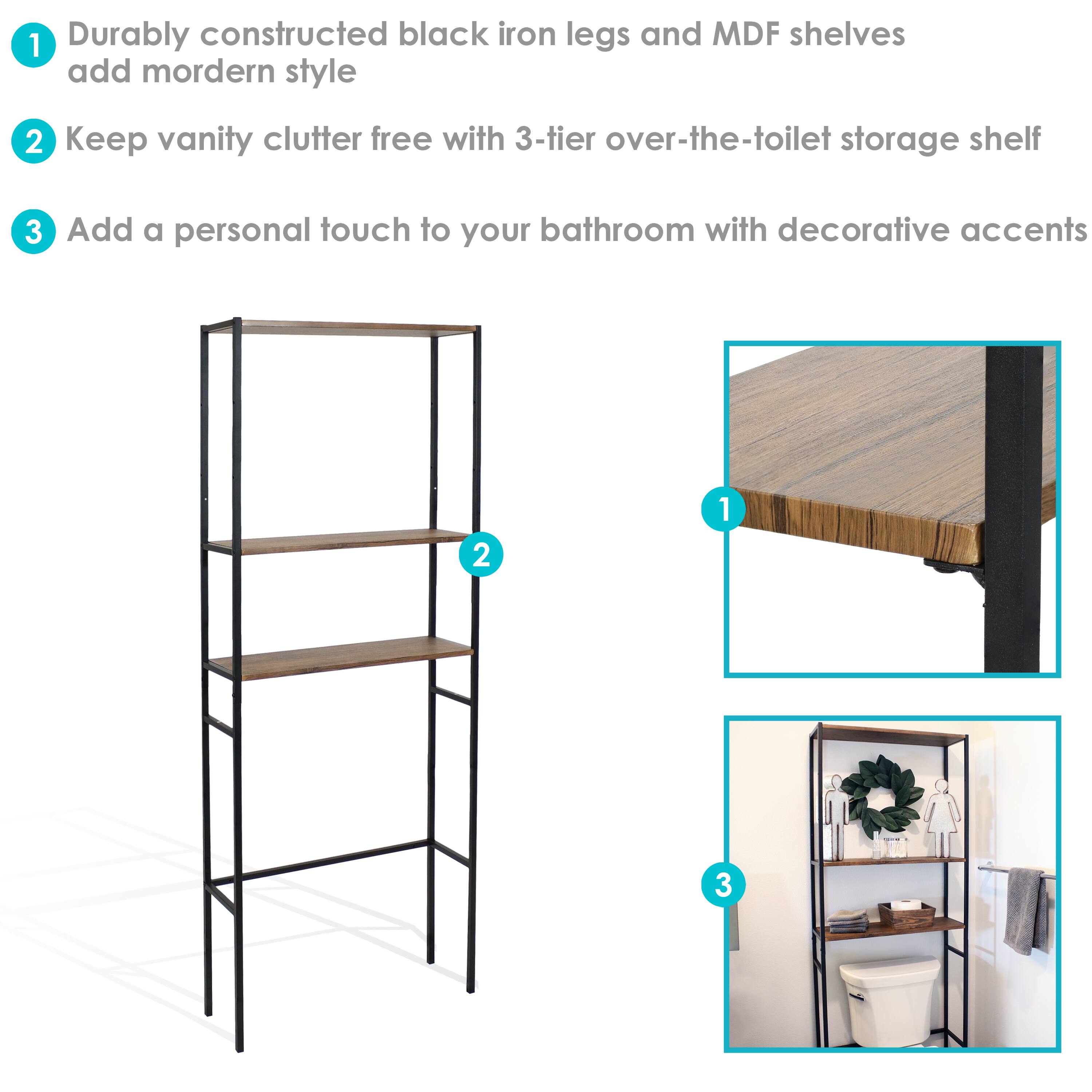 1. Durably constructed black iron legs and MDF shelves add modern style
2. Keep vanity clutter free with 3-tier over-the-toilet storage shelf
3. Add a personal touch to your bathroom with decorative accents