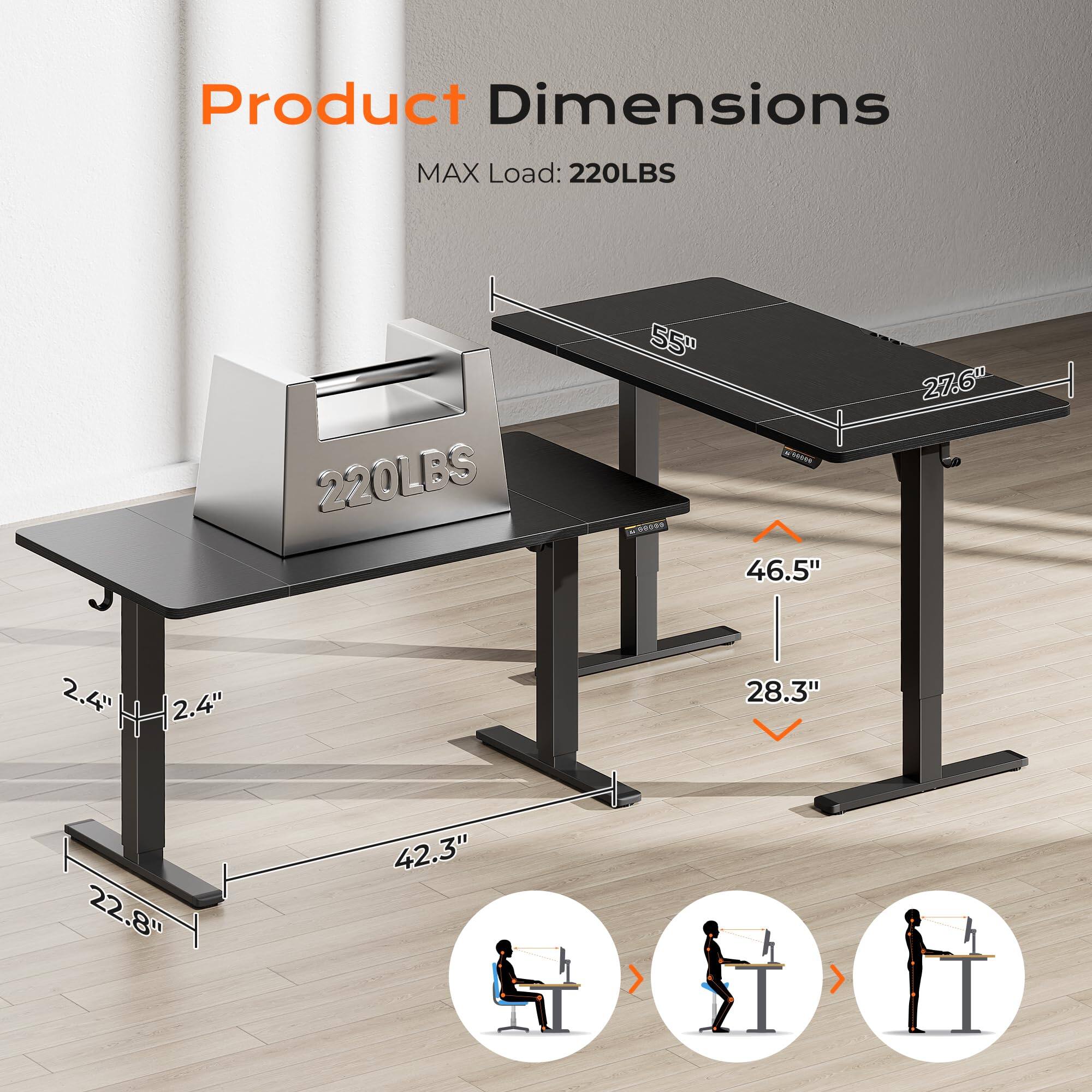 Product Dimensions  
MAX Load: 220LBS  

- Length: 55"  
- Width: 27.6"  
- Height: 46.5"  
- Depth: 28.3"  
- Leg Width: 2.4"  
- Leg Height: 2.4"  
- Base Width: 42.3"  
- Base Depth: 22.8"