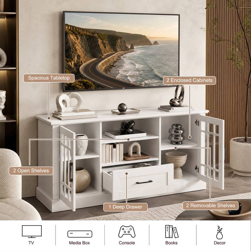 Spacious Tabletop  
2 Enclosed Cabinets  
2 Open Shelves  
1 Deep Drawer  
2 Removable Shelves  

TV  
Media Box  
Console  
Books  
Decor