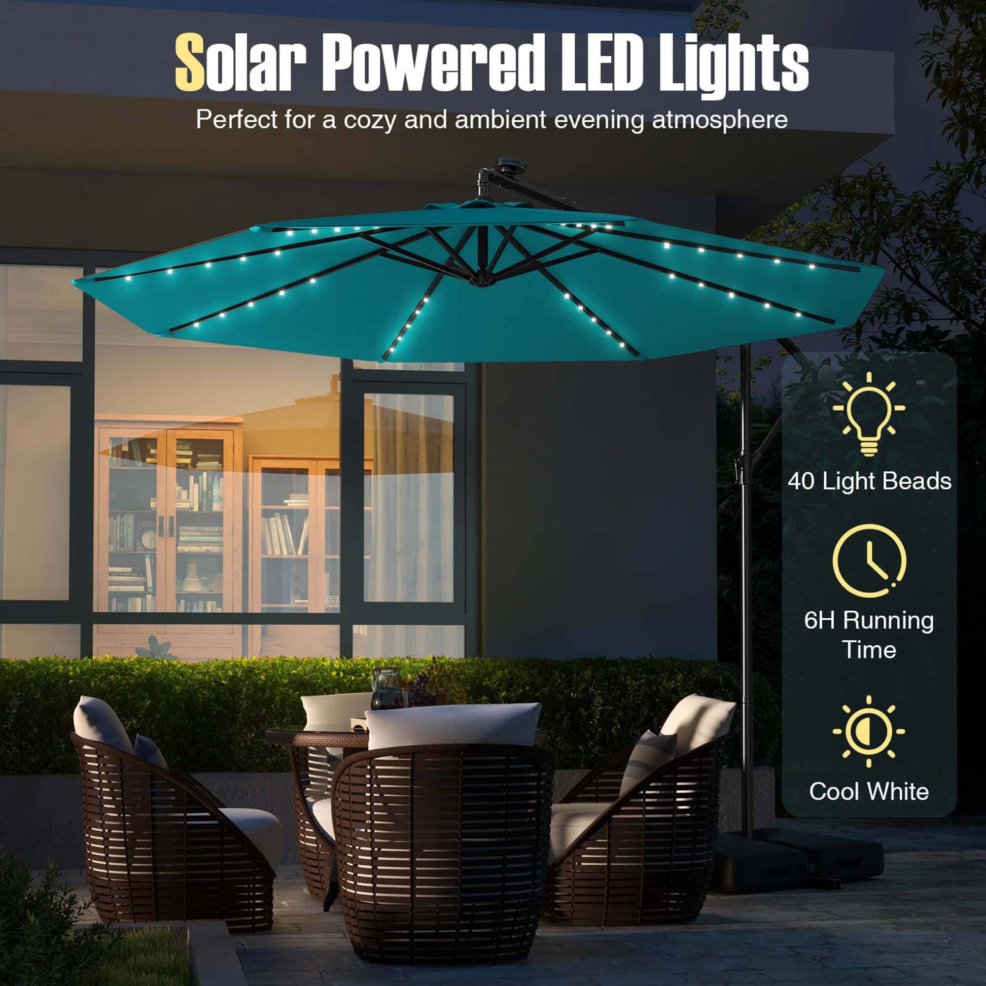 Solar Powered LED Lights are perfect for a cozy and ambient evening atmosphere. They have 40 light beads and a 6-hour running time, providing a cool white light.