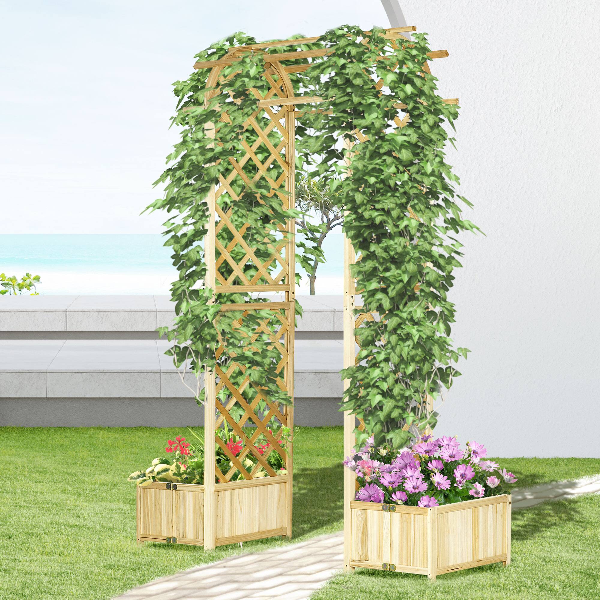 Alt View 1. Outsunny - 7.5' Wooden Wedding Arch, Garden Arch Arbor for Climbing Plants & Trellis Design, Great for Vines - Natural Wood.