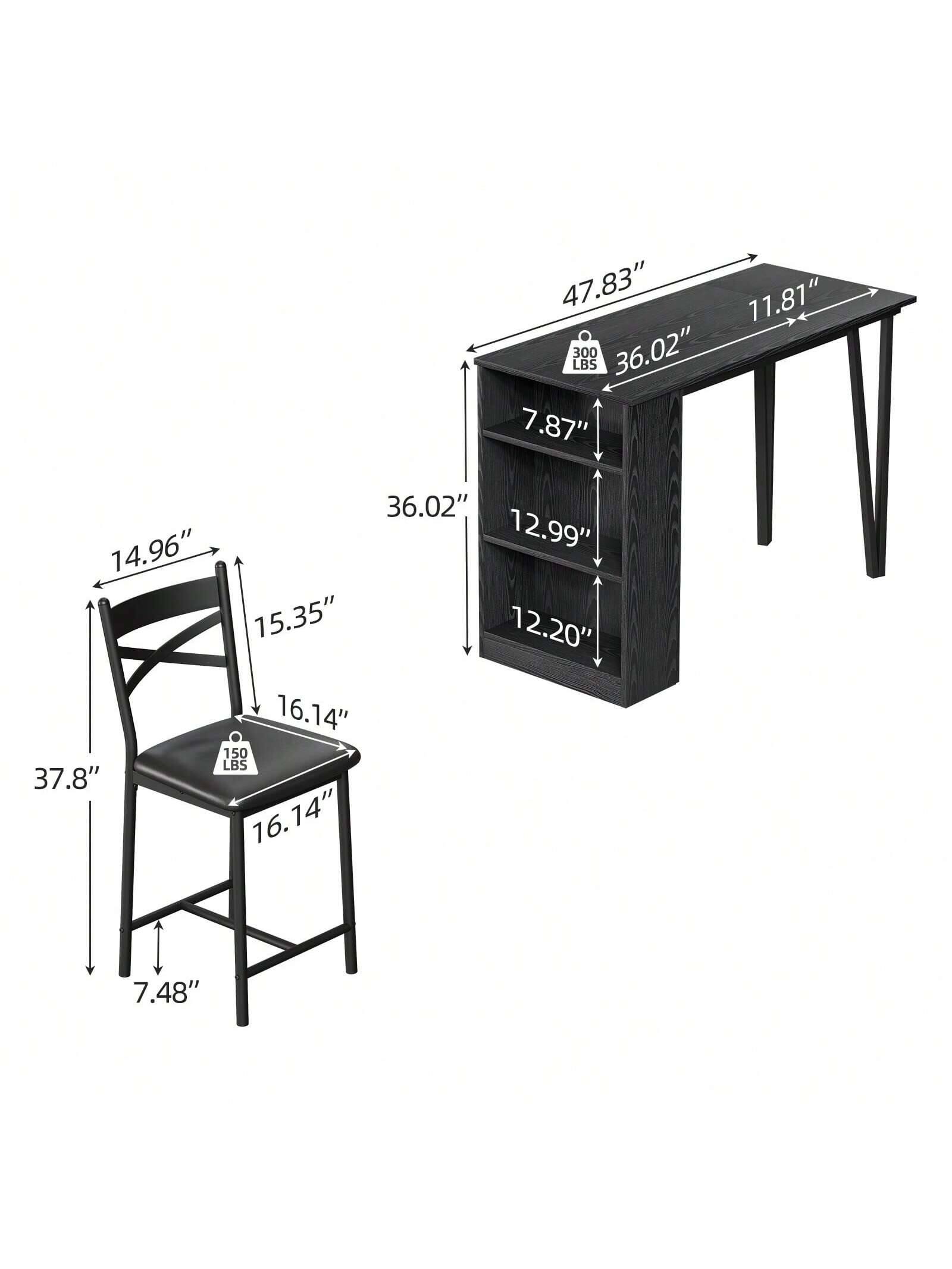 Sure, here is the corrected and grouped text from the image:

**Table:**
- Length: 47.83"
- Width: 36.02"
- Height: 11.81"
- Depth: 7.87"
- Shelf Height: 12.99"
- Shelf Depth: 12.20"
- Weight Capacity: 300 LBS

**Chair:**
- Height: 37.8"
- Seat Height: 16.14"
- Seat Depth: 16.14"
- Back Height: 14.96"
- Back Width: 15.35"
- Armrest Height: 7.48"
- Weight Capacity: 150 LBS