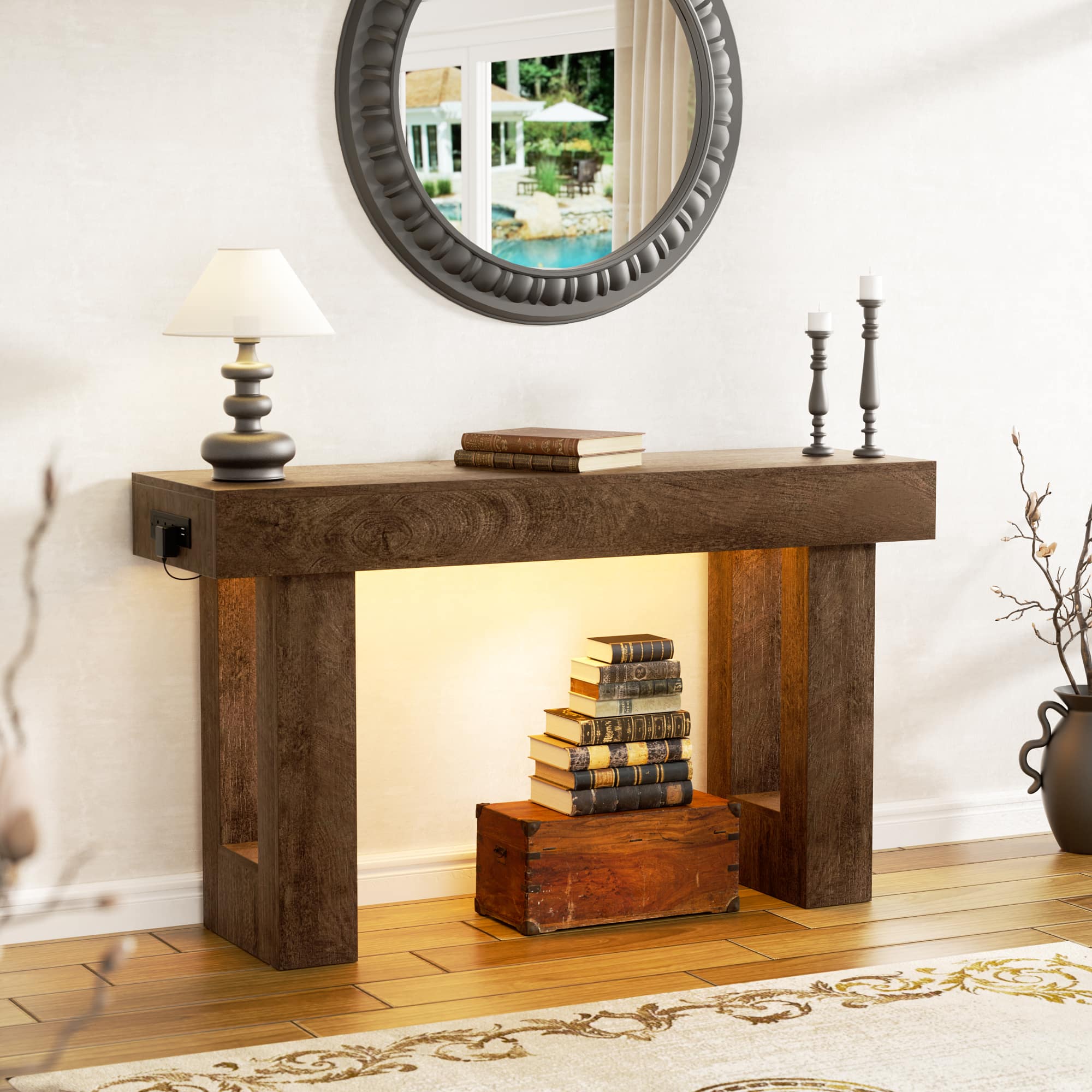 "Aheaplus - 47"" Farmhouse Narrow Console Table - Socket, Sensor Light & Storage for Entryway/Hallway/Living Room - Rustic Oak" price history on PriceWatchPro