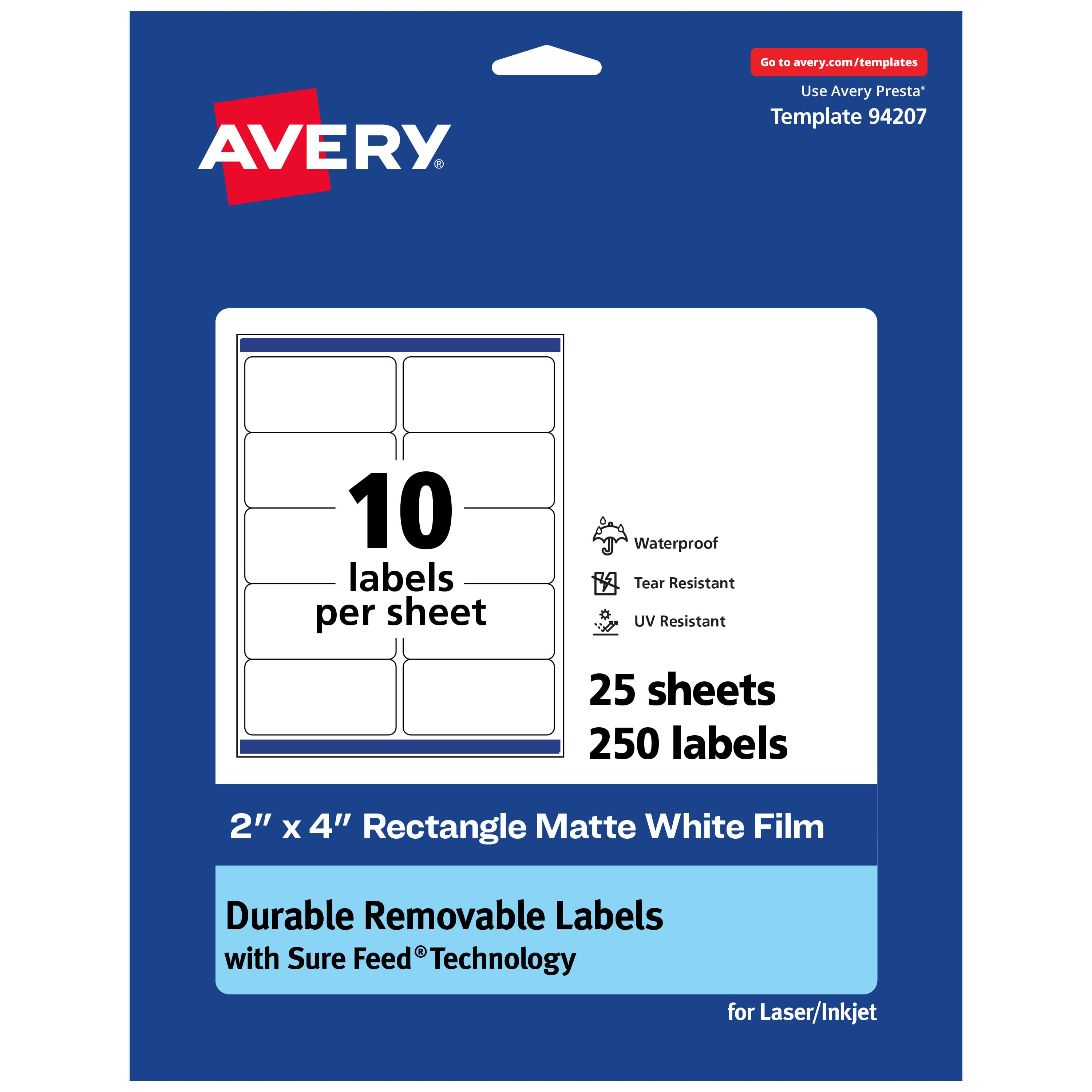 Avery - Avery® Durable Removable Rectangle Labels, 2" x 4", 250 Labels - White