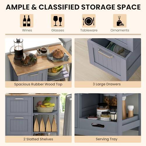 Wines, Glasses, Tableware, Ornaments, Spacious Rubber Wood Top, 3 Large Drawers, 2 Slatted Shelves, Serving Tray