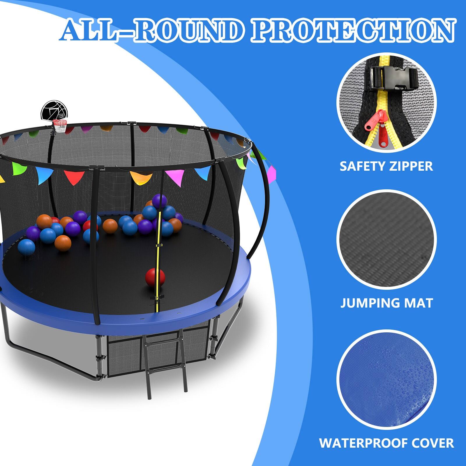 ALL-ROUND PROTECTION

SAFETY ZIPPER

JUMPING MAT

WATERPROOF COVER