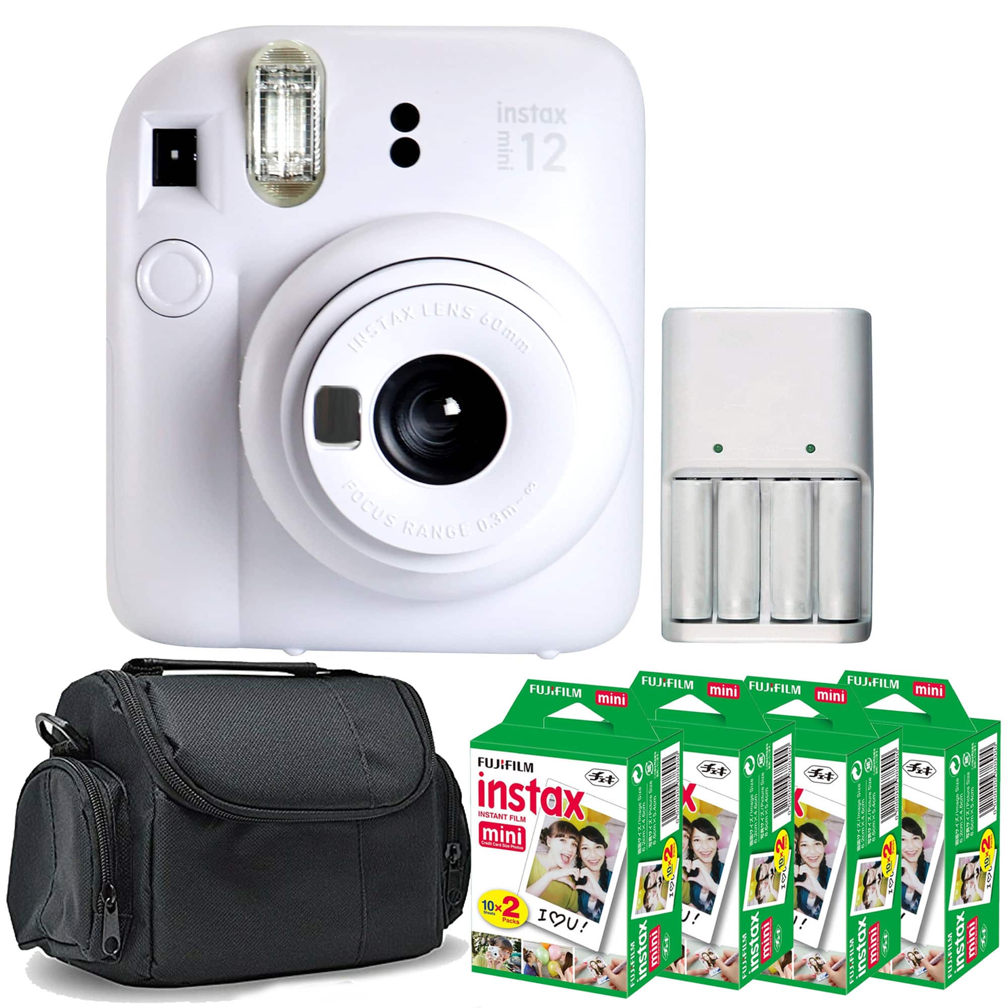 Fujifilm - INSTAX MINI 12 Instant Film Camera Clay 4x Mini Instax Film Kit - White