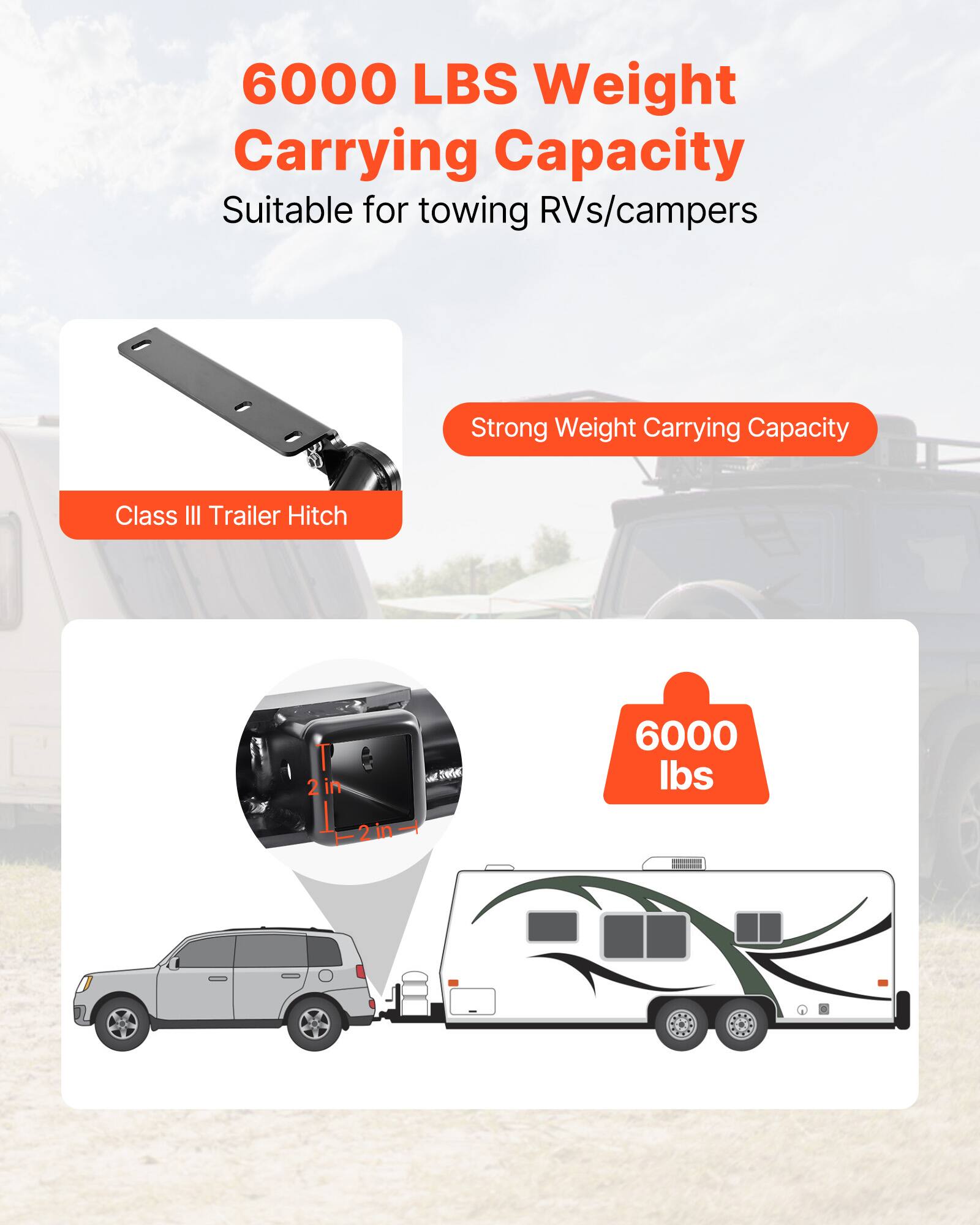 6000 LBS Weight Carrying Capacity  
Suitable for towing RVs/campers  

Class III Trailer Hitch  

Strong Weight Carrying Capacity  

6000 lbs