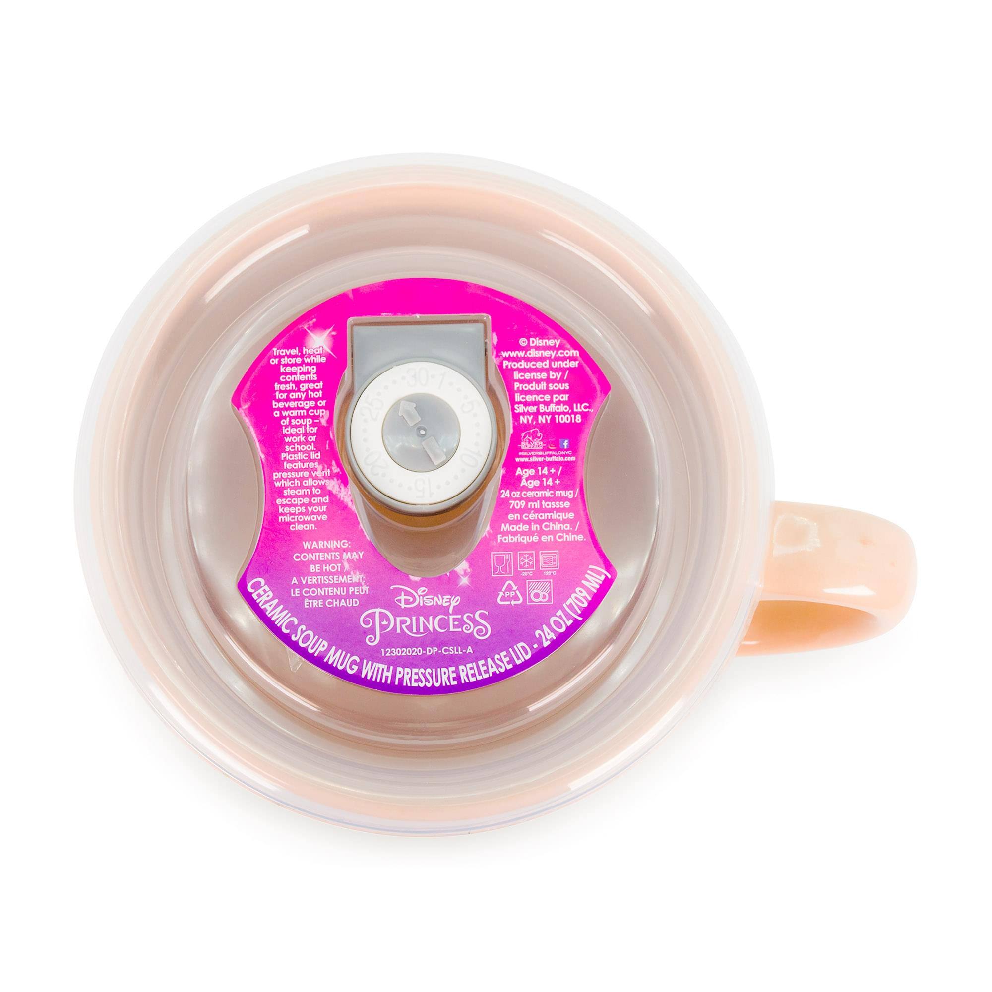 Disney  
www.disney.com  
Produced under license by  
Silver Buffalo, LLC  
NY, NY 10018  

Disney  
PRINCESS  

CERAMIC SOUP MUG WITH PRESSURE RELEASE  
123020-DP-CSLL-A  

Age 14+  
24 oz (709 ml)  

WARNING: CONTENTS MAY BE HOT  
A VERTISSEMENT: LE CONTENU PEUT ÊTRE CHAUD  

Made in China  
Fabriqué en Chine  

travel, heat, or store hot contents in a warm cup  
work or school  
escape and microwave  

WARNING: CONTENTS MAY BE HOT  
A VERTISSEMENT: LE CONTENU PEUT ÊTRE CHAUD  

Disney  
PRINCESS  

CERAMIC SOUP MUG WITH PRESSURE RELEASE  
123020-DP-CSLL-A  

Age 14+  
24 oz (709 ml)  

WARNING: CONTENTS MAY BE HOT  
A VERTISSEMENT: LE CONTENU PEUT ÊTRE CHAUD  

Made in China  
Fabriqué en Chine
