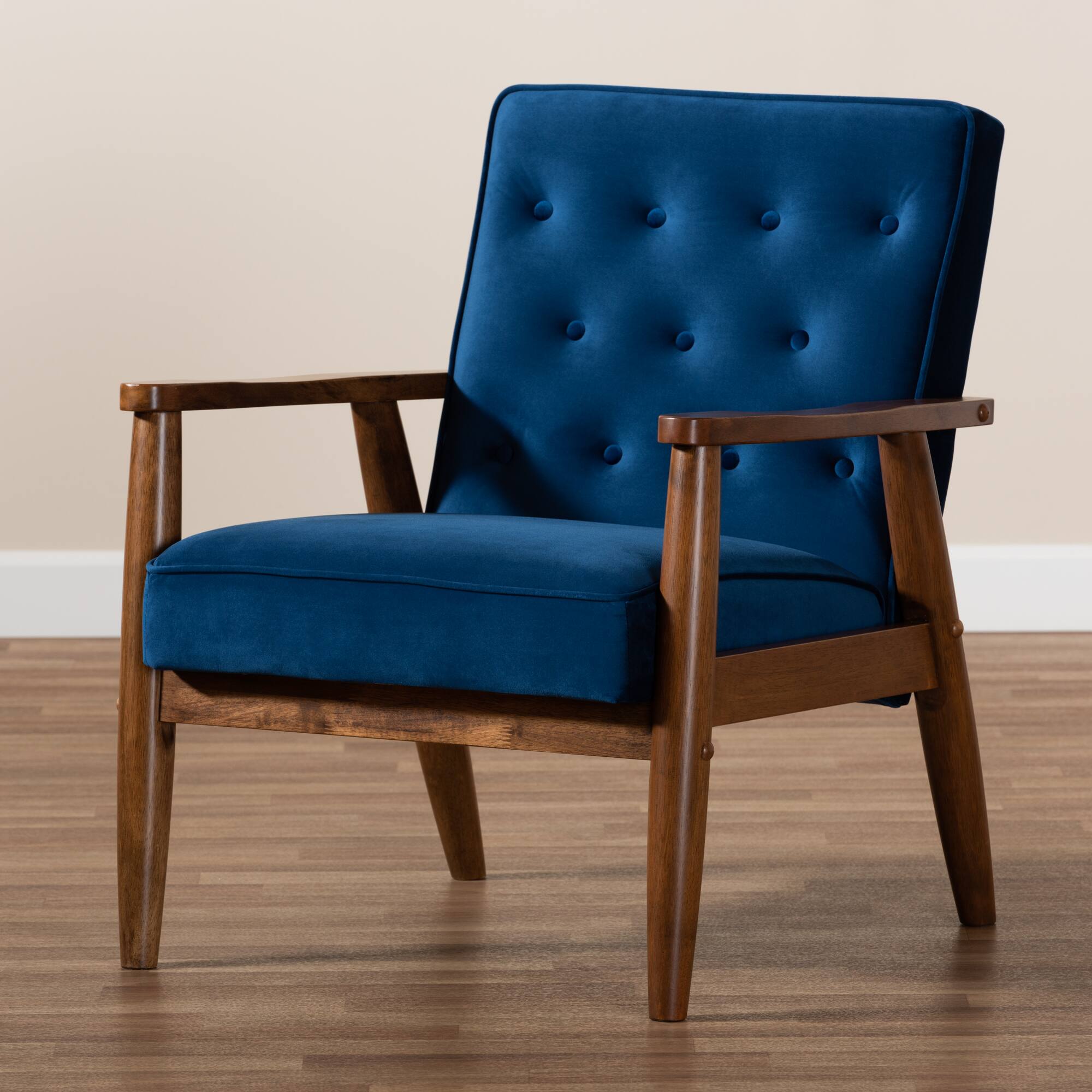 Alt View 4. Baxton Studio - Sorrento Mid-century Modern Velvet Fabric Upholstered Walnut Finished Wooden Lounge Chair - Navy Blue/Brown.