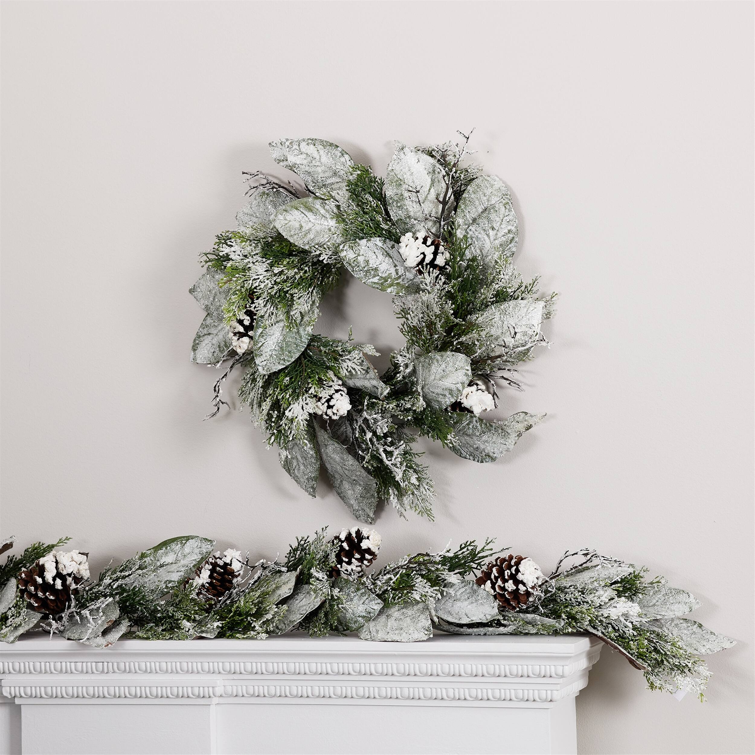 Angle. BreeBe - Cedar and Magnolia Leaf Wreath 22"D - Green.
