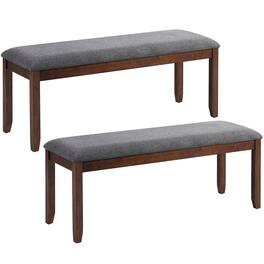Costway - Set of 2 Dining Bench Rubber Wood Upholstered Padded Bedroom Seat - Grey,Brown