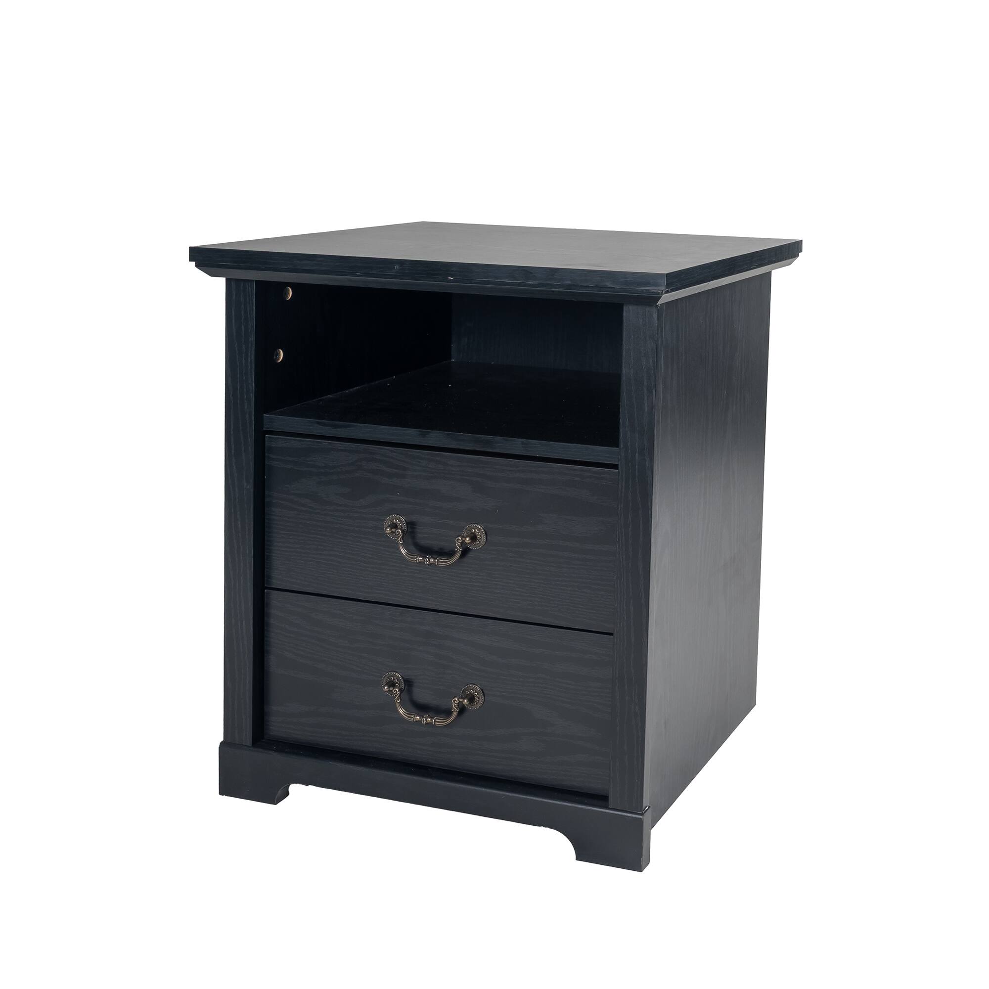 Alt View 1. Vaczon - Rustic Black Nightstands (Set of 2) with Open Shelf and 2 Drawers - Black.