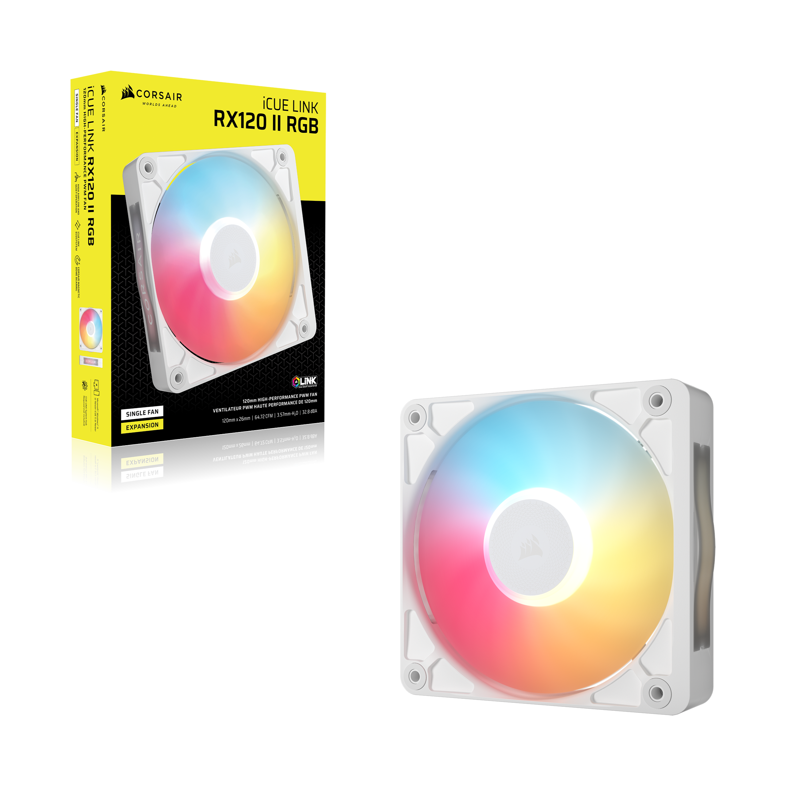 CORSAIR - iCUE LINK RX120 II RGB EXPANSION  
SINGLE FAN  
120mm HIGH PERFORMANCE RGB FAN  
1200 RPM / 13.5 CFM / 3.5m  
120mm x 120mm x 25mm  
3-PIN PWM  
5 YEAR WARRANTY