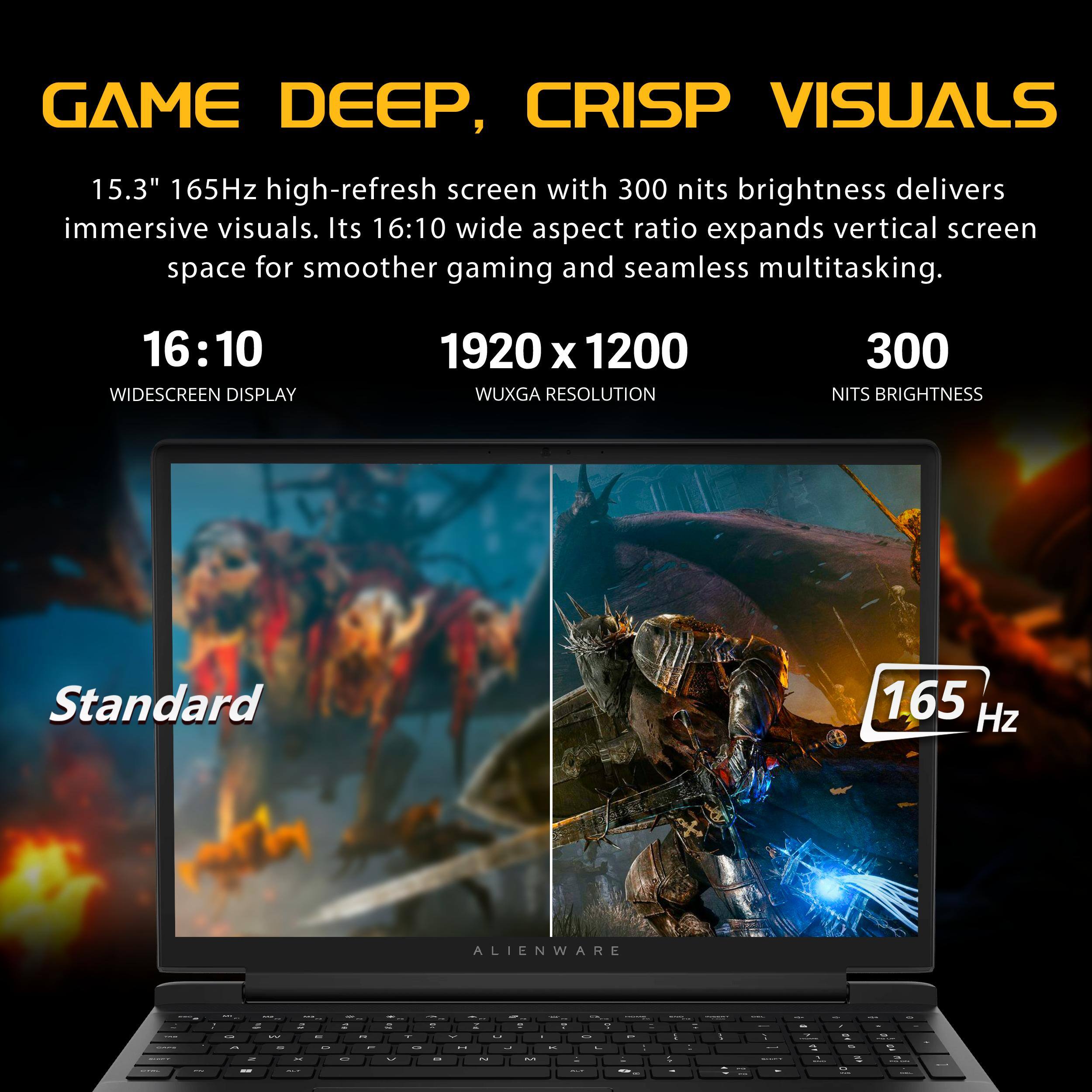 GAME DEEP, CRISP VISUALS

15.3" 165Hz high-refresh screen with 300 nits brightness delivers immersive visuals. Its 16:10 wide aspect ratio expands vertical screen space for smoother gaming and seamless multitasking.

16:10 WIDESCREEN DISPLAY
1920 x 1200 WUXGA RESOLUTION
300 NITS BRIGHTNESS

Standard
165 Hz

ALIENWARE