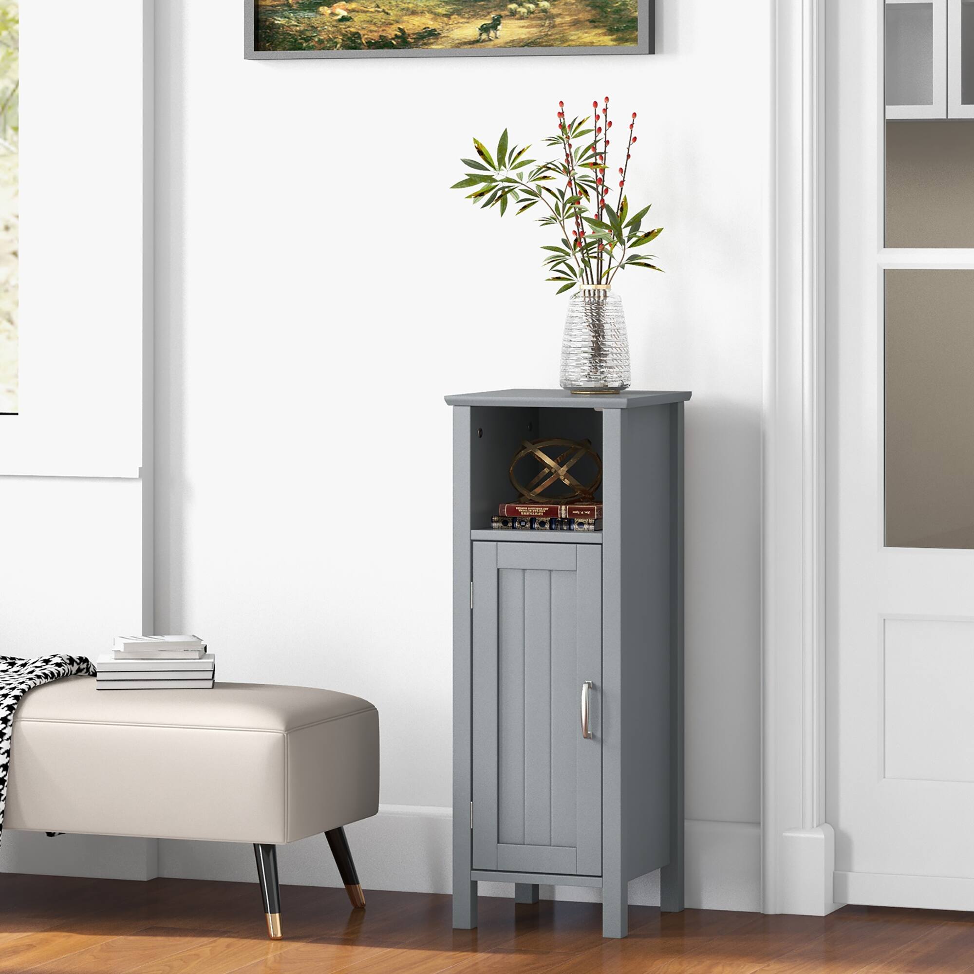 Alt View 3. Gymax - Gymax Bathroom Storage Organizer Narrow Floor Cabinet w/ 2-Tier Cabinet Open Compartment Gray - Grey.