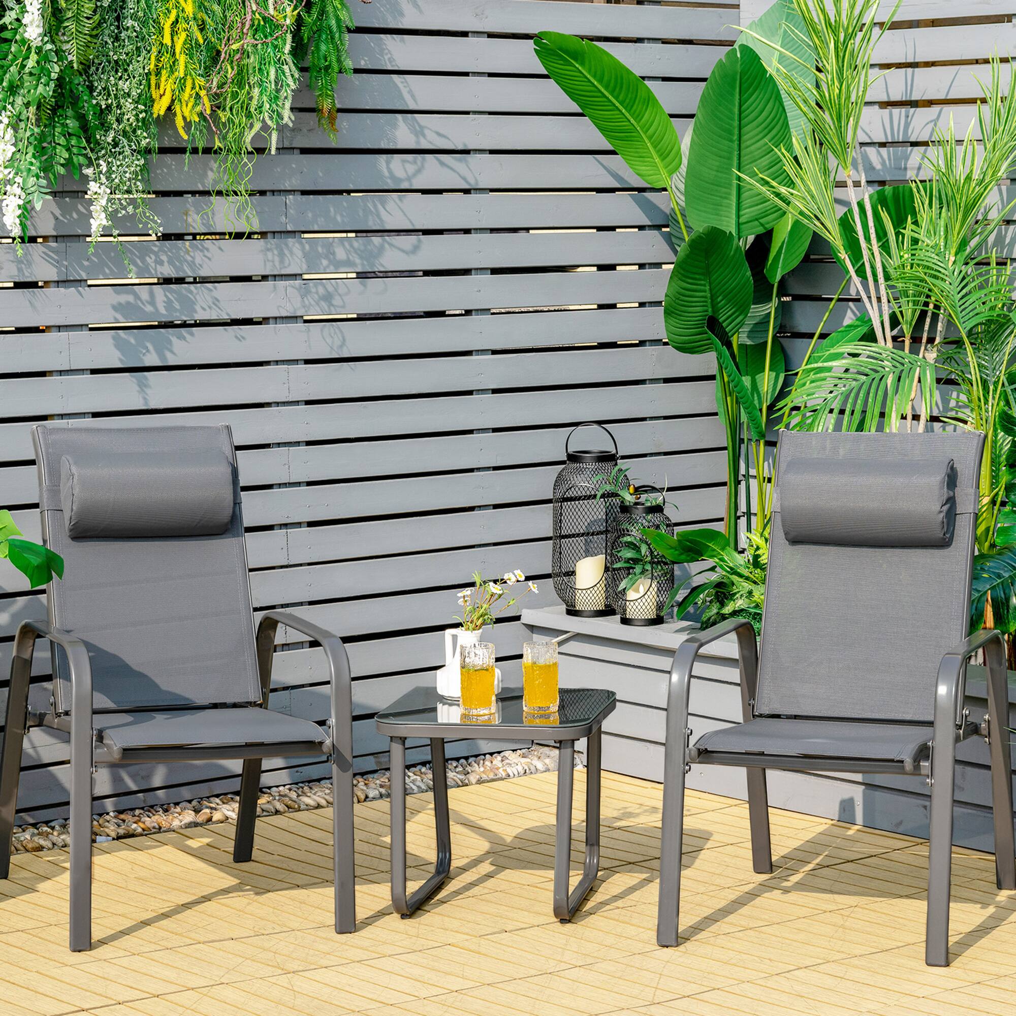 Gymax - 3PCS Outdoor Bistro Set Patio Conversation Set w/ Adjustable Backrest Grey - Gray