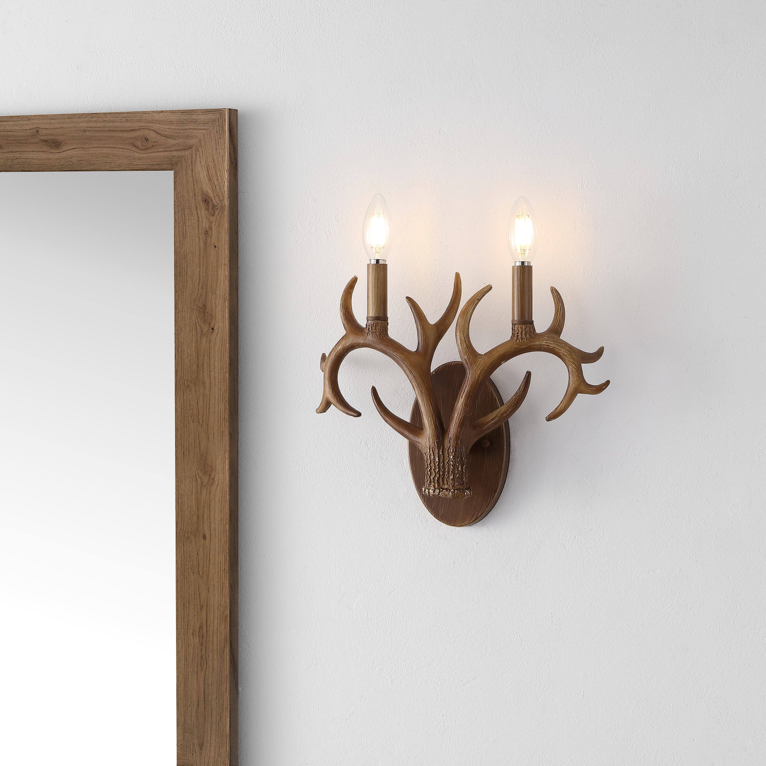 Alt View 1. Jonathan Y - Cody 13.25" 2-Light Southwestern Bohemian Resin/Iron Faux Antler LED Vanity Light, Brown Wood Finish - Brown Wood Finish.