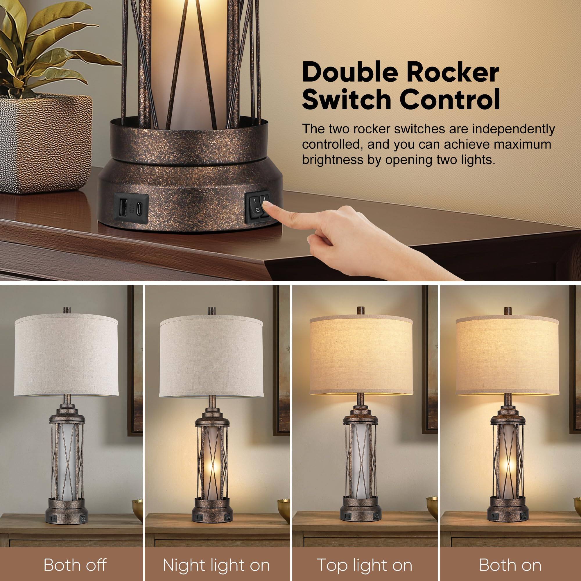 Double Rocker Switch Control

The two rocker switches are independently controlled, and you can achieve maximum brightness by opening two lights.

Both off  
Night light on  
Top light on  
Both on