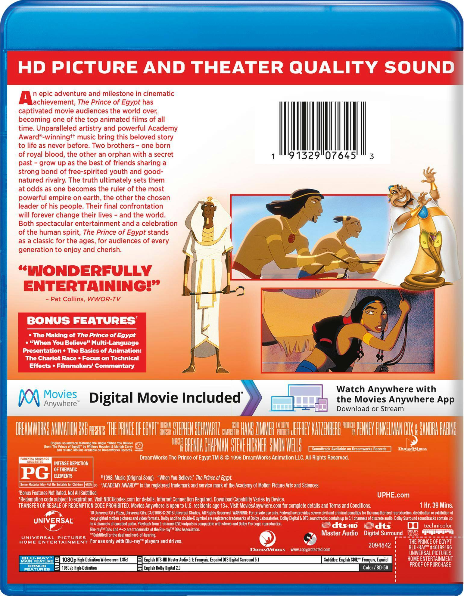 Back. The Prince of Egypt (Blu-ray + Digital HD) [Blu-ray].