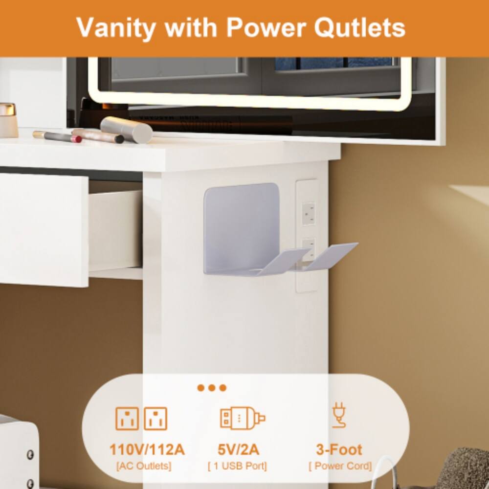Vanity with Power Outlets

HER Q

110V/112A

5V/2A

[AC Outlets]

[1 USB Port]

3-Foot [Power Cord]
