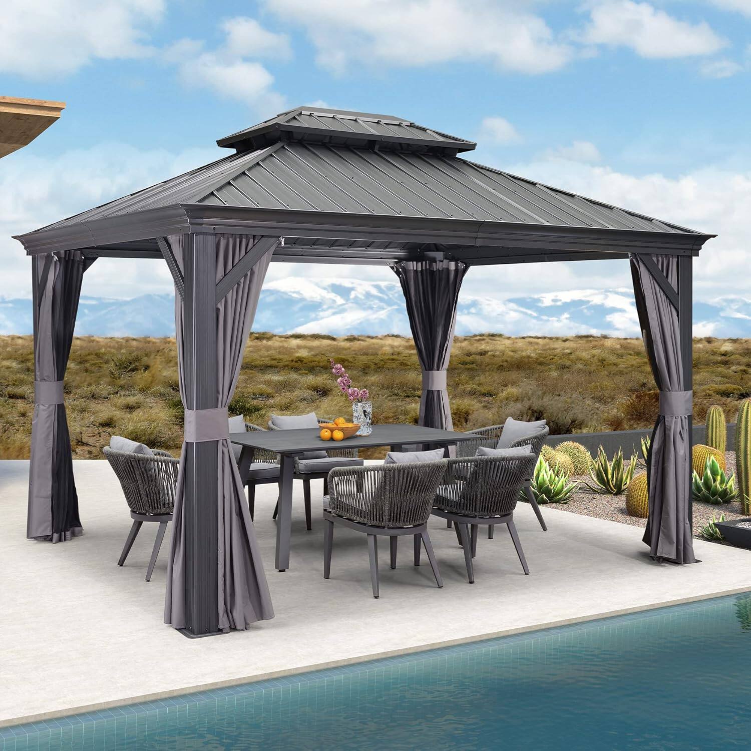 Alt View 1. PURPLE LEAF - 10 X 12 FT Permanent Hardtop Aluminum Gazebo with Double Roof for Patio Lawn and Garden, Curtains and Netting Included - 10' X 12'.