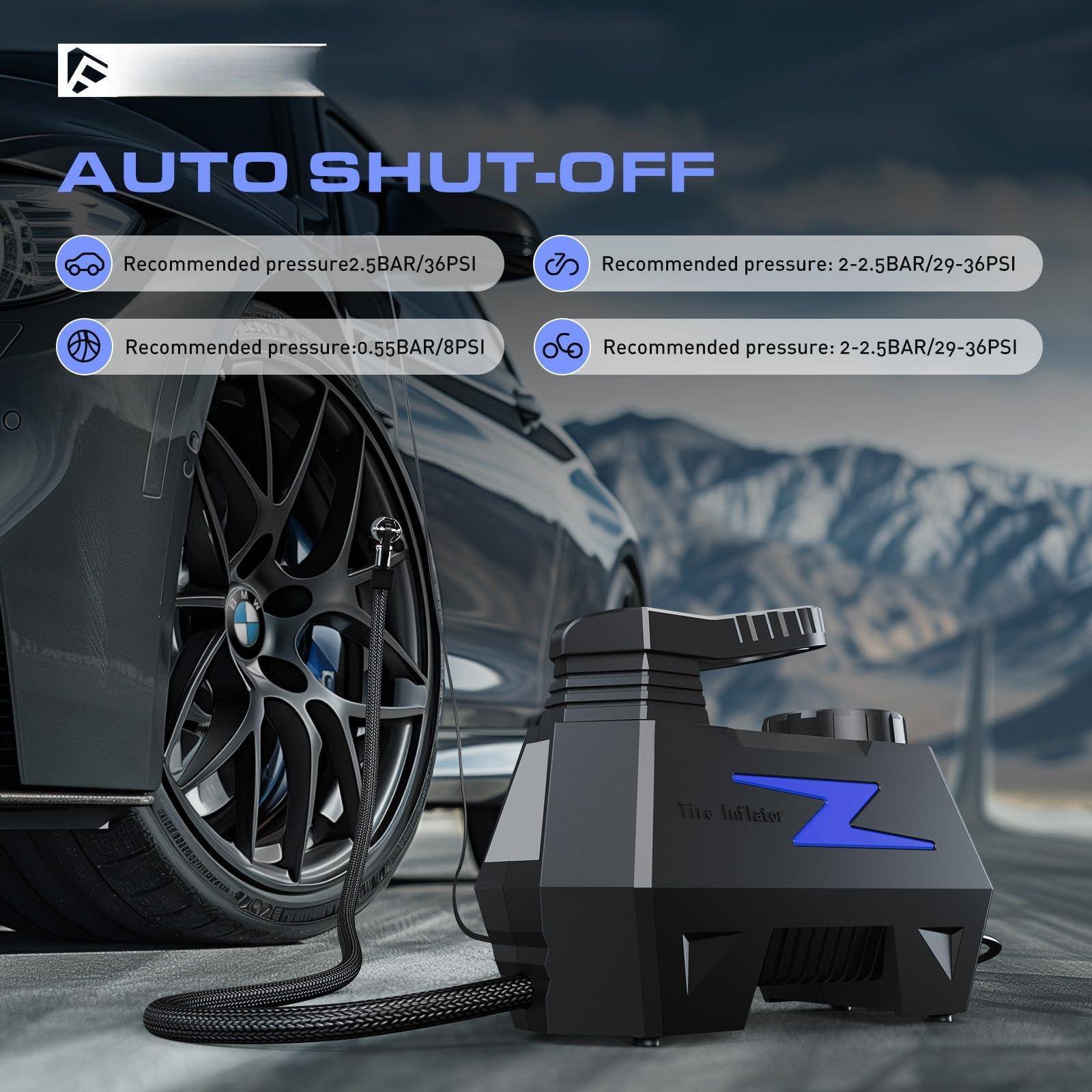 AUTO SHUT-OFF

- Recommended pressure: 2.5BAR/36PSI
- Recommended pressure: 0.55BAR/8PSI
- Recommended pressure: 2-2.5BAR/29-36PSI
- Recommended pressure: 2-2.5BAR/29-36PSI